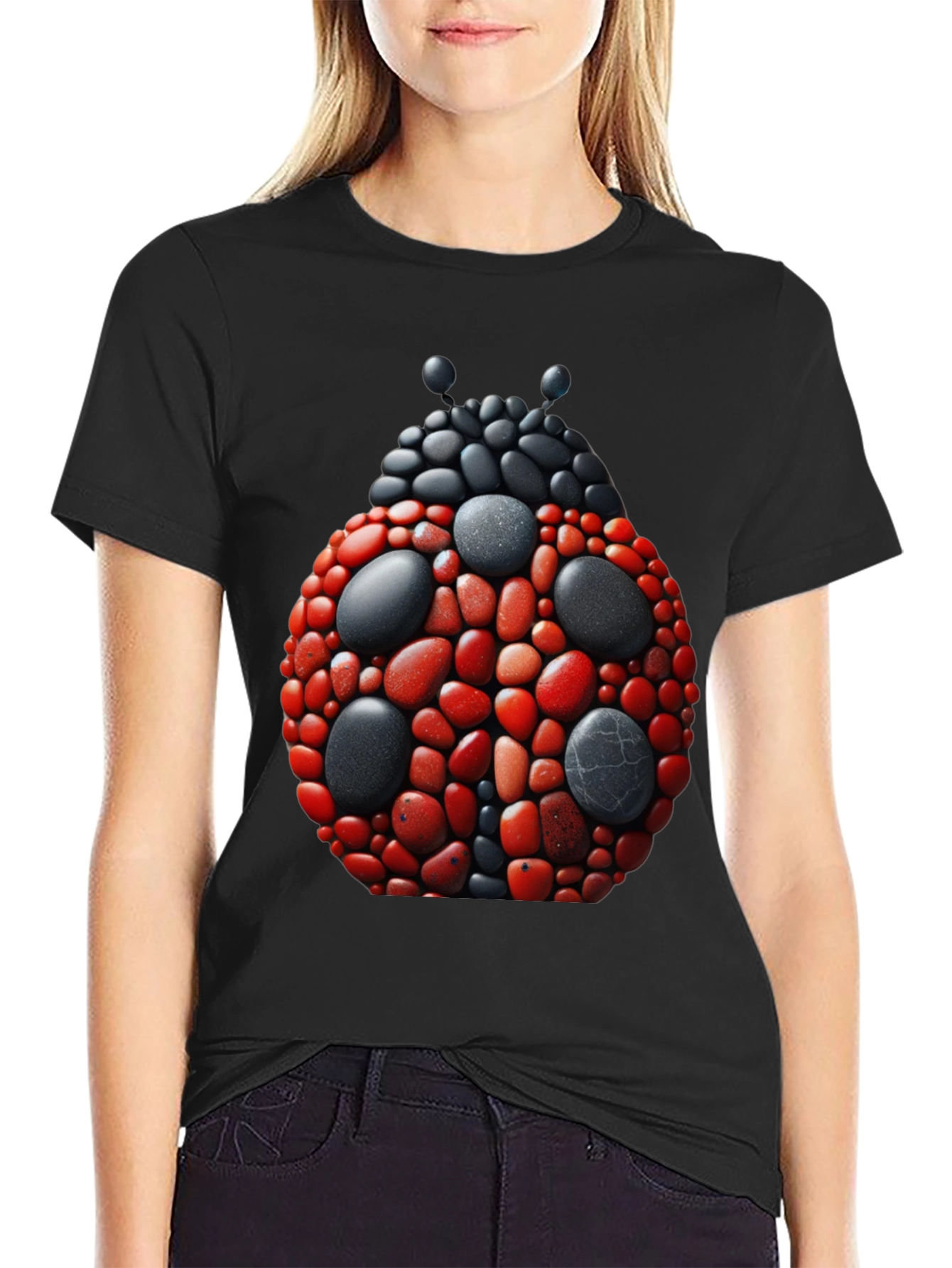 Ladybug Pebble Art Graphic Tee - Black Cotton