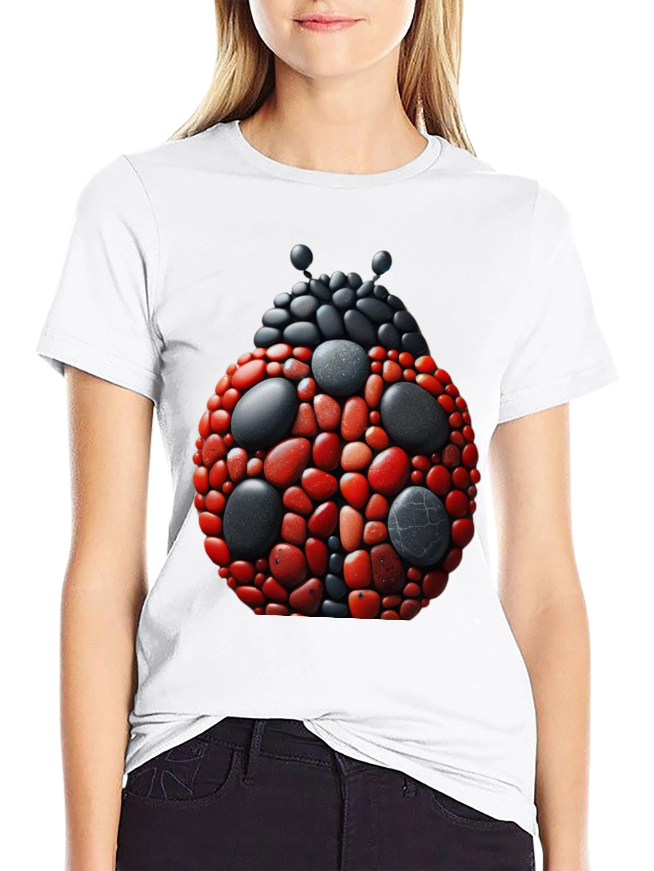 Ladybug Pebble Art Graphic Tee - Black Cotton