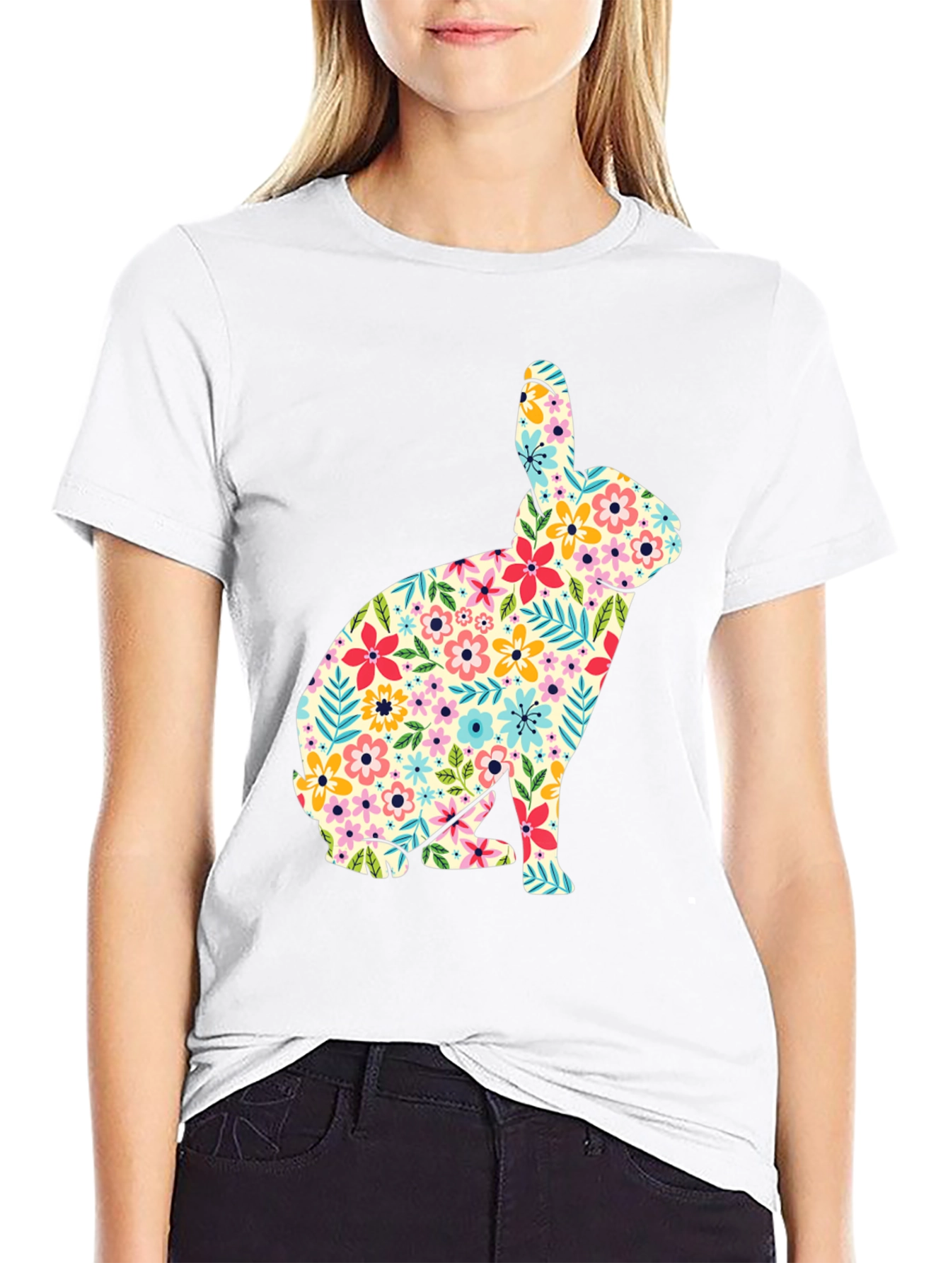 Floral Bunny Graphic Tee - Soft Cotton