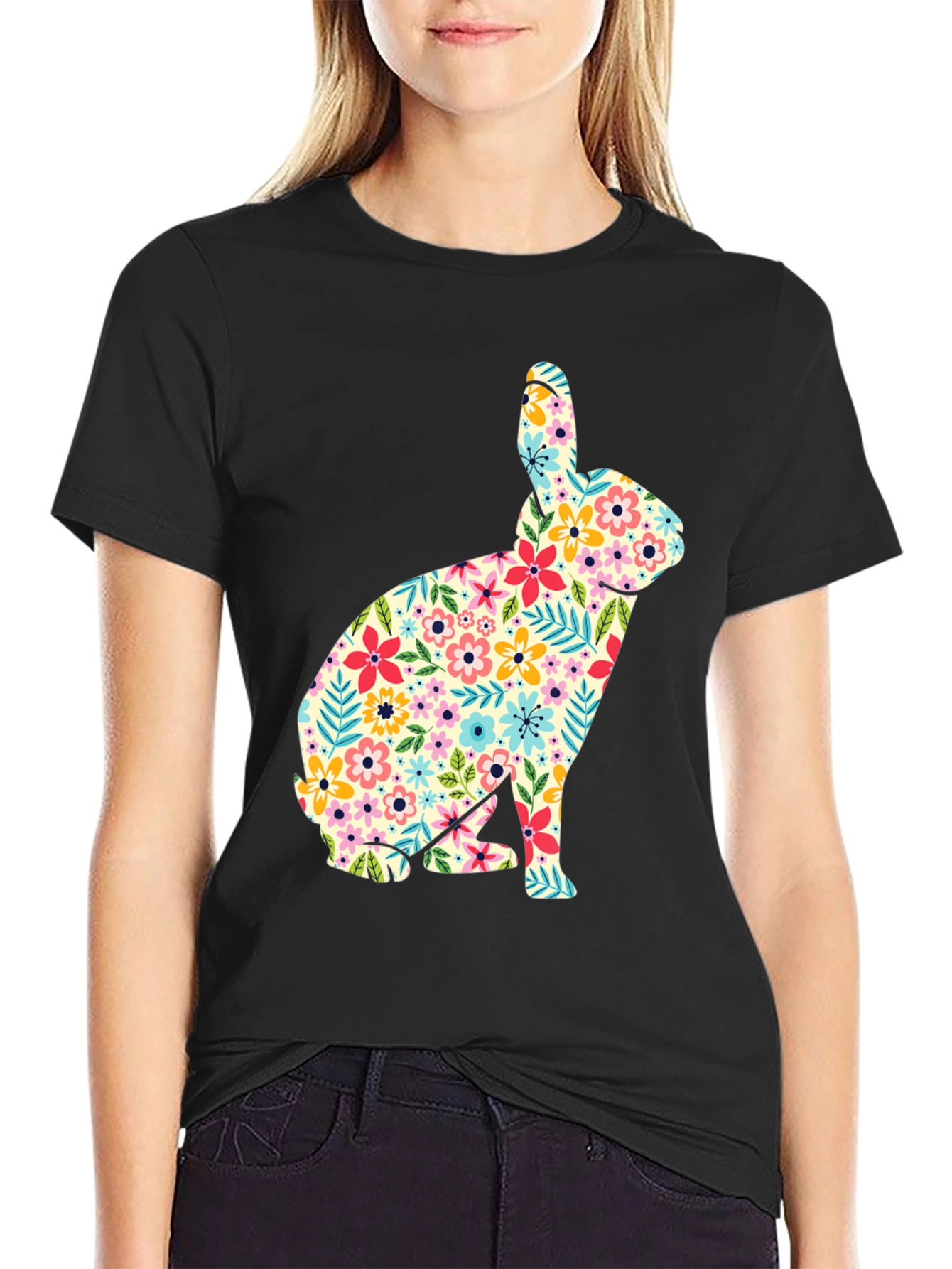 Floral Bunny Graphic Tee - Soft Cotton