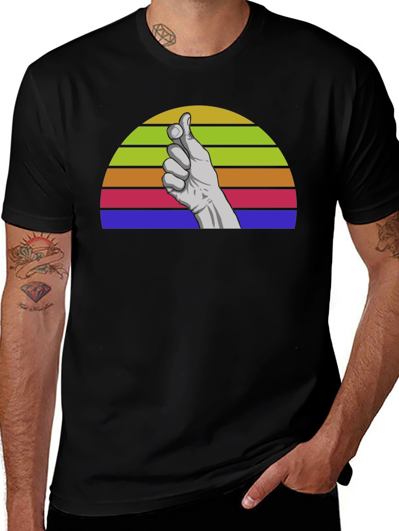 Retro Hand Gesture Graphic Tee - Black Cotton Blend