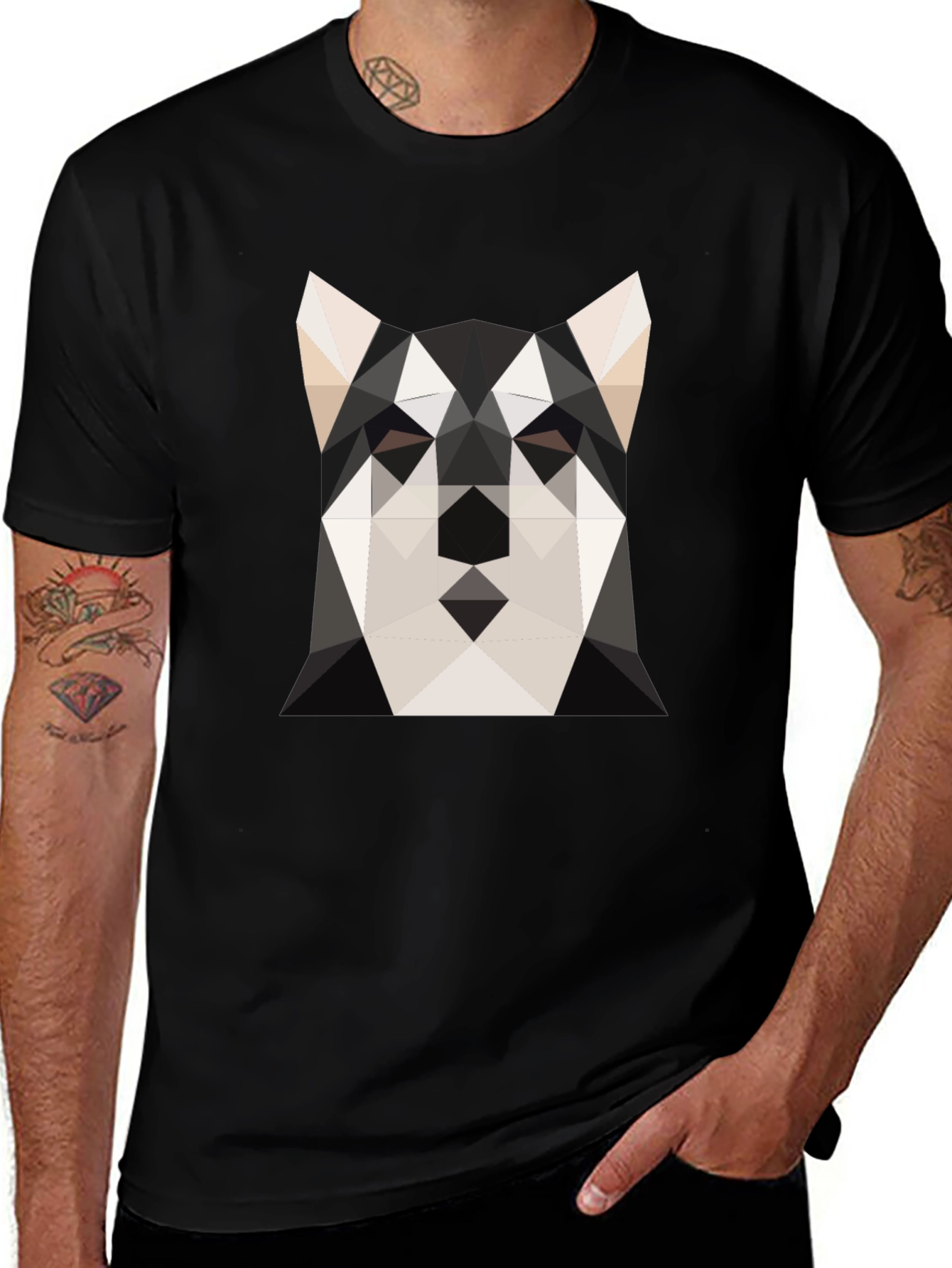 Geometric Husky Print Black T-Shirt