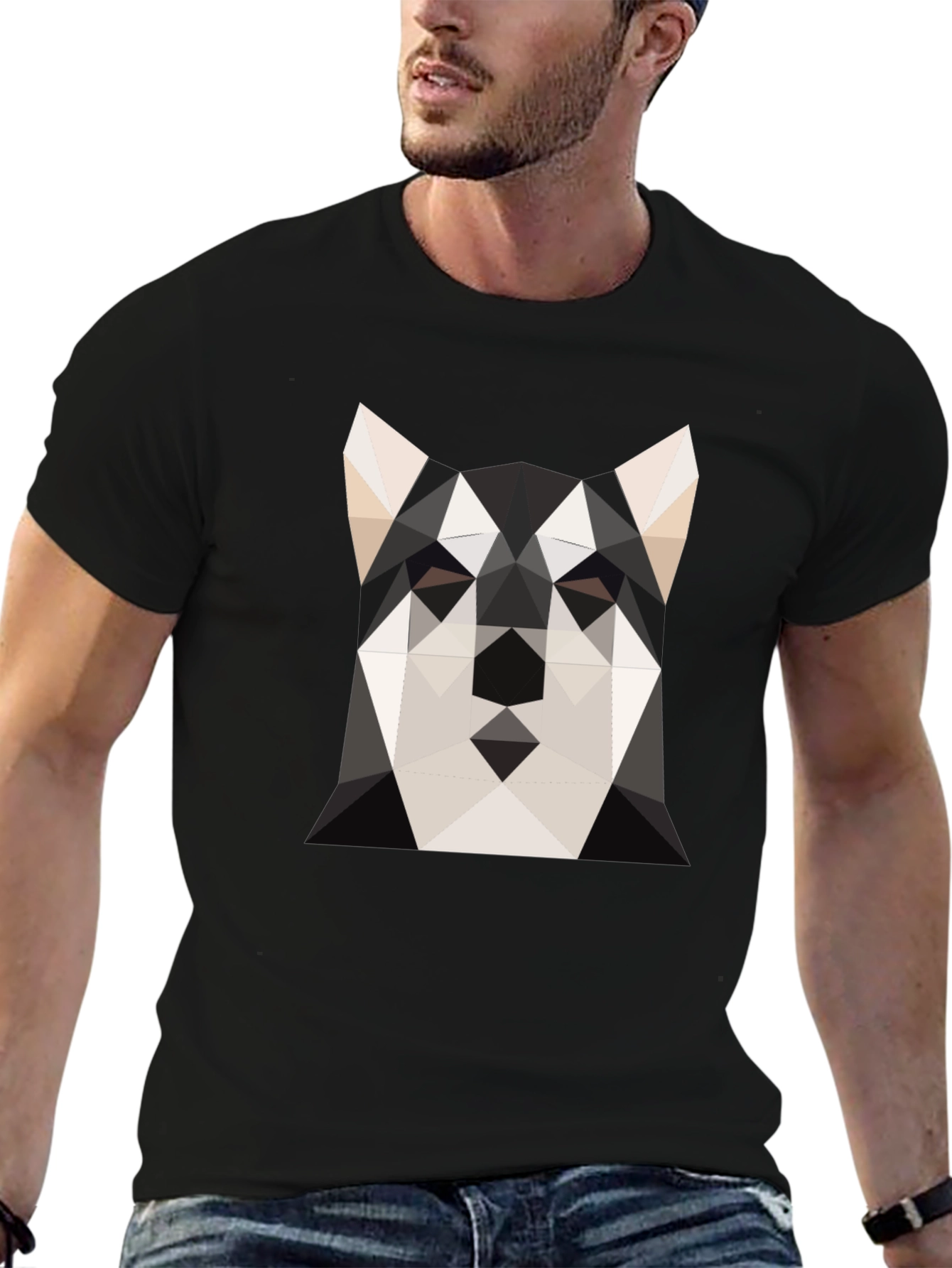 Geometric Husky Print Black T-Shirt