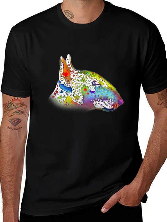 Colorful Bull Terrier Graphic Tee - Black Cotton T-Shirt
