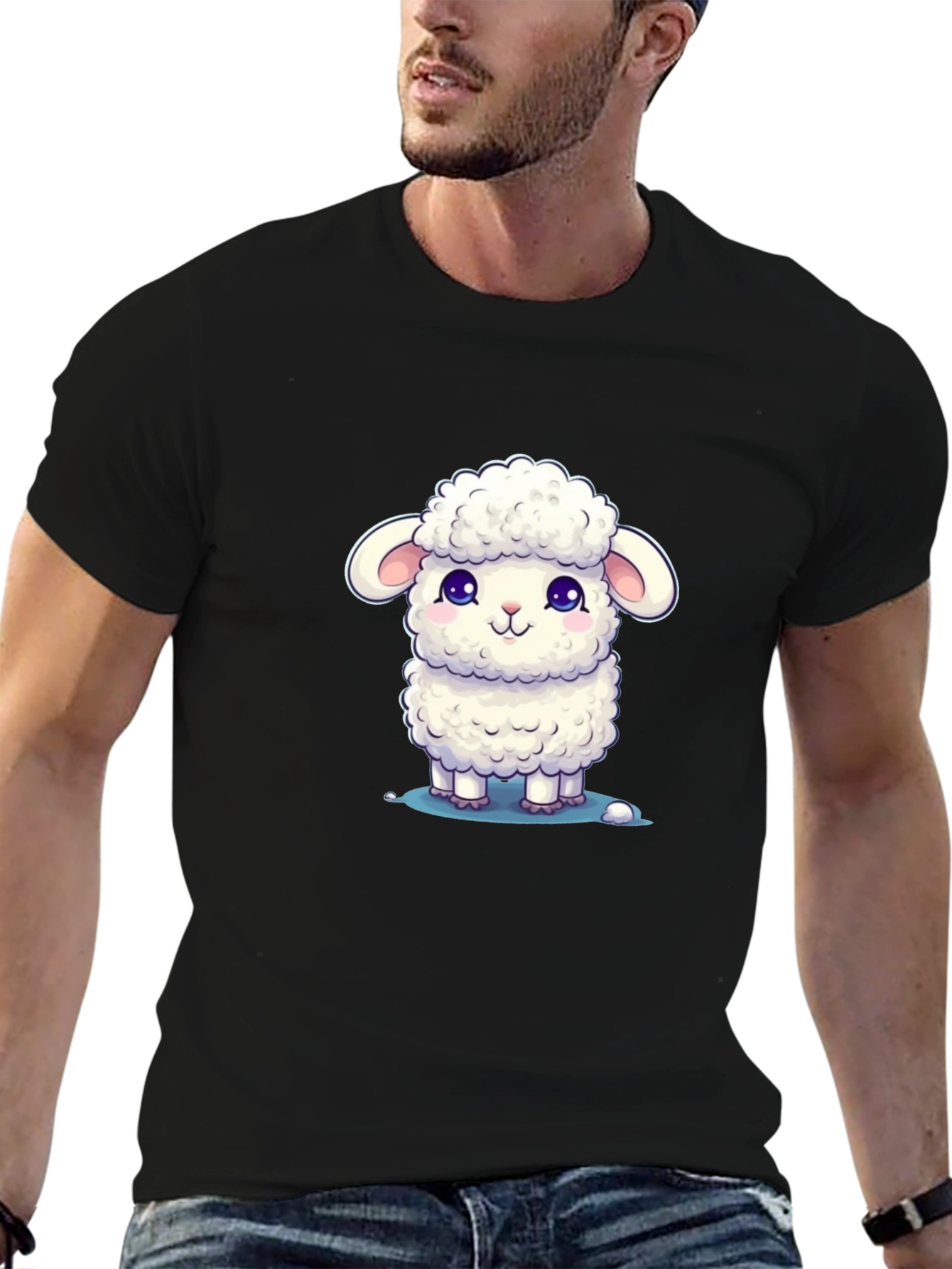 Cute Lamb Graphic Tee - Black Cotton Blend