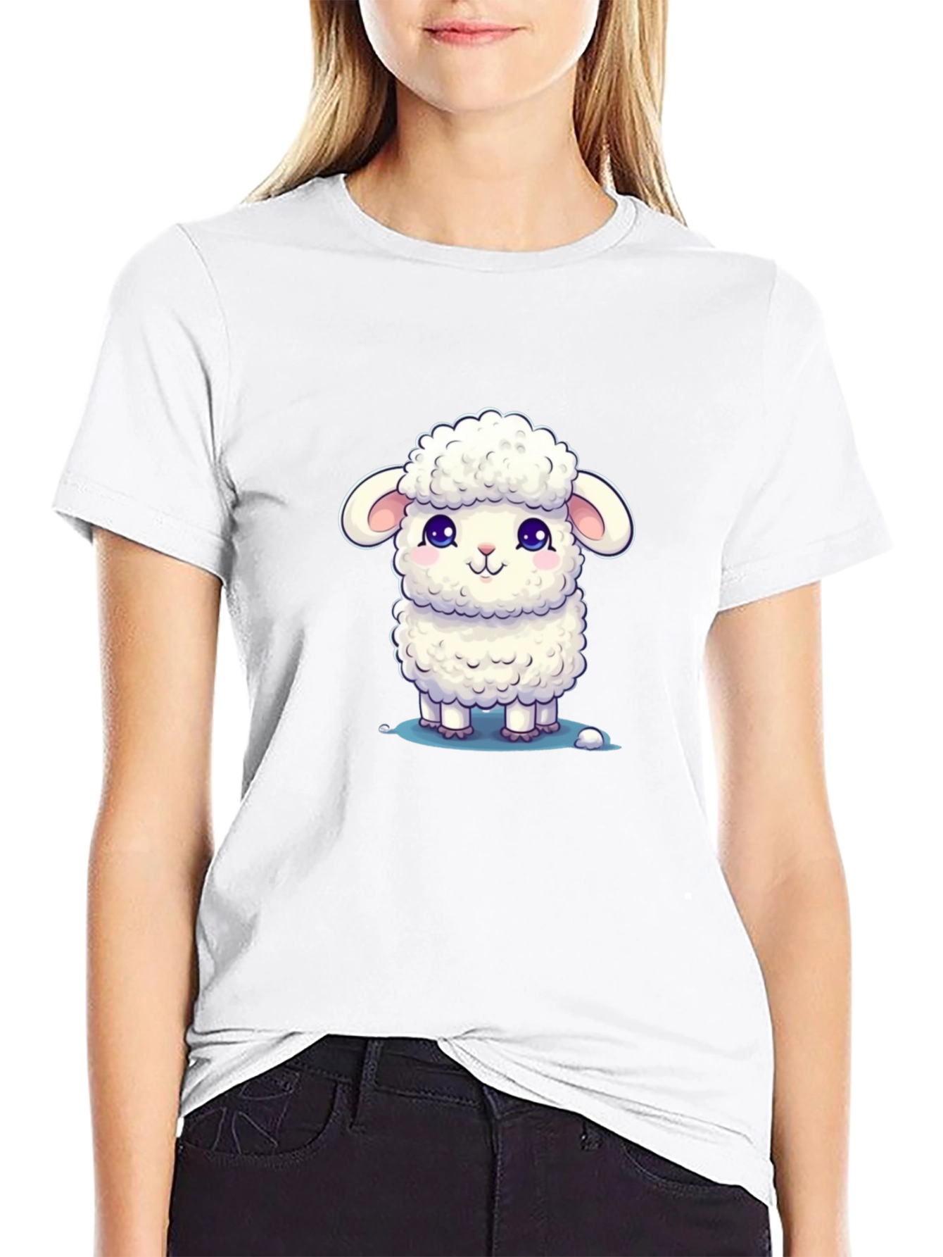 Cute Lamb Graphic Tee - Black Cotton Blend