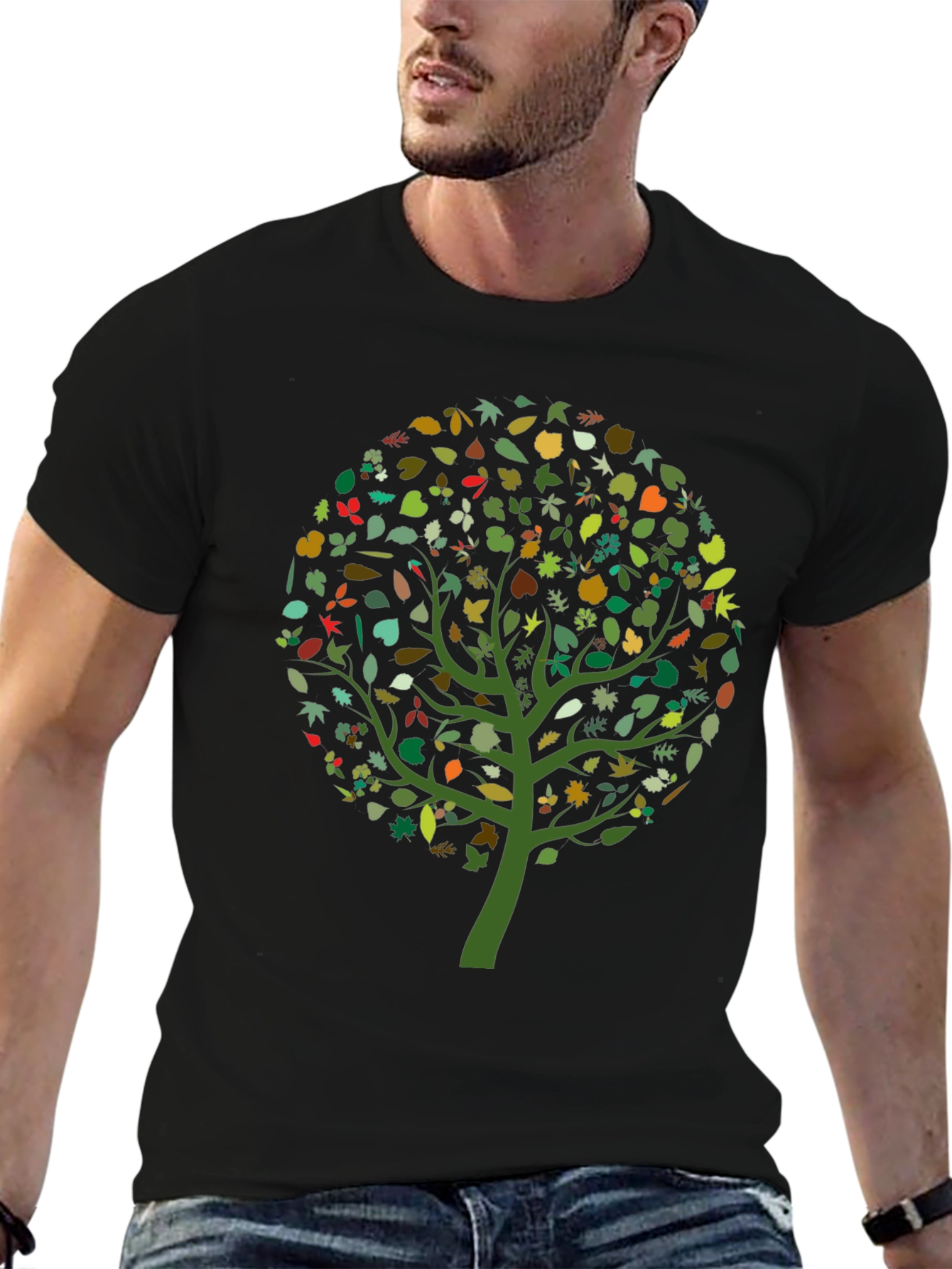 Nature Tree Leaf Print Black Graphic Tee