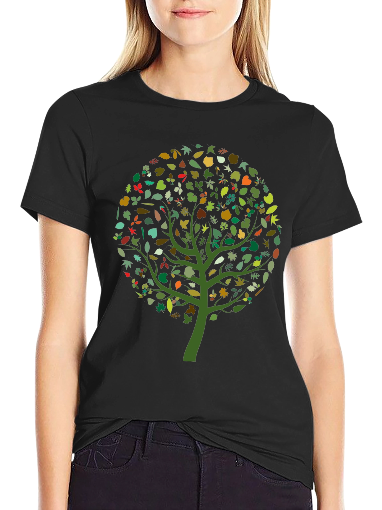 Nature Tree Leaf Print Black Graphic Tee