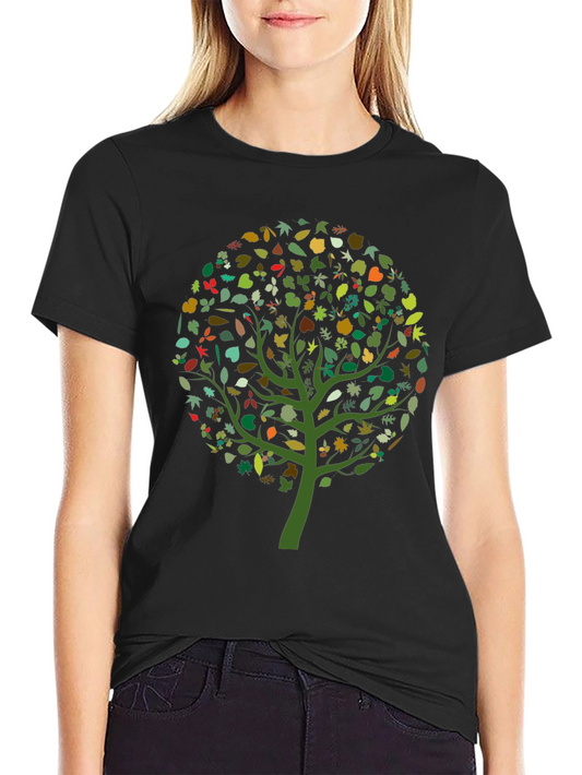Nature Tree Leaf Print Black Graphic Tee