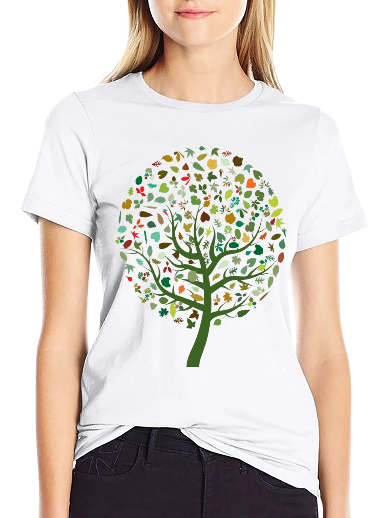 Nature Tree Leaf Print Black Graphic Tee