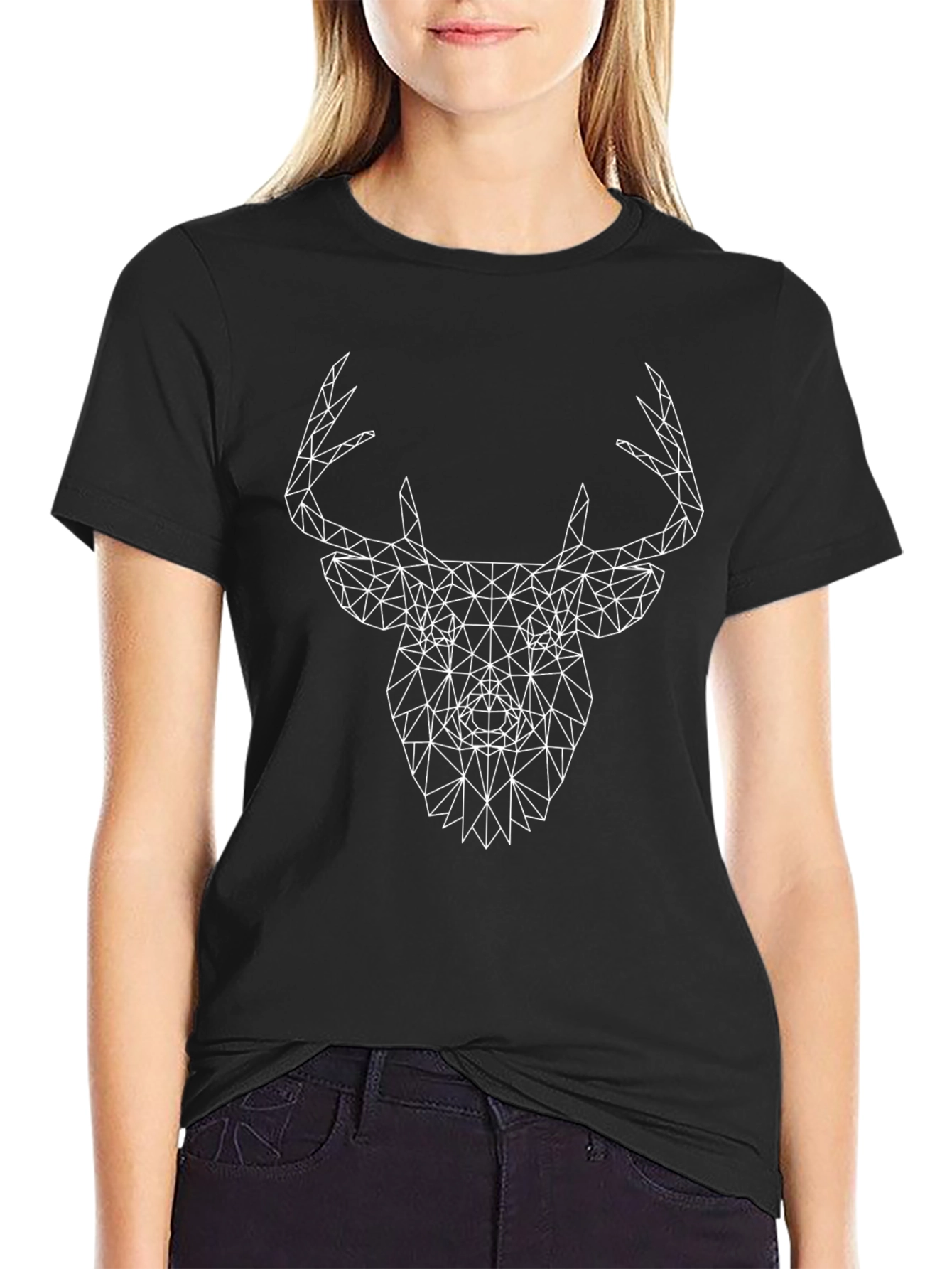 Geometric Deer Head Graphic Tee - Black