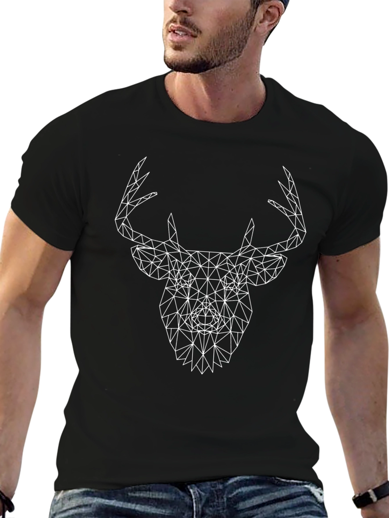 Geometric Deer Head Graphic Tee - Black
