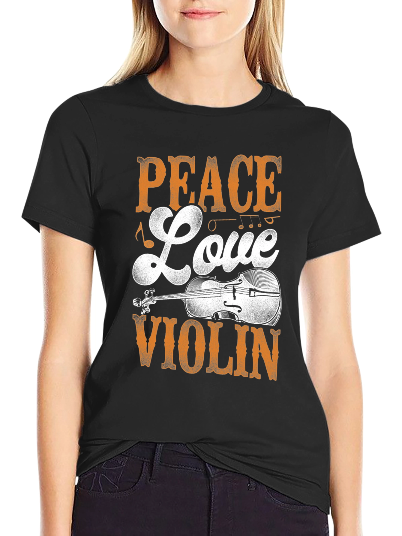 Peace Love Violin Black Graphic T-Shirt