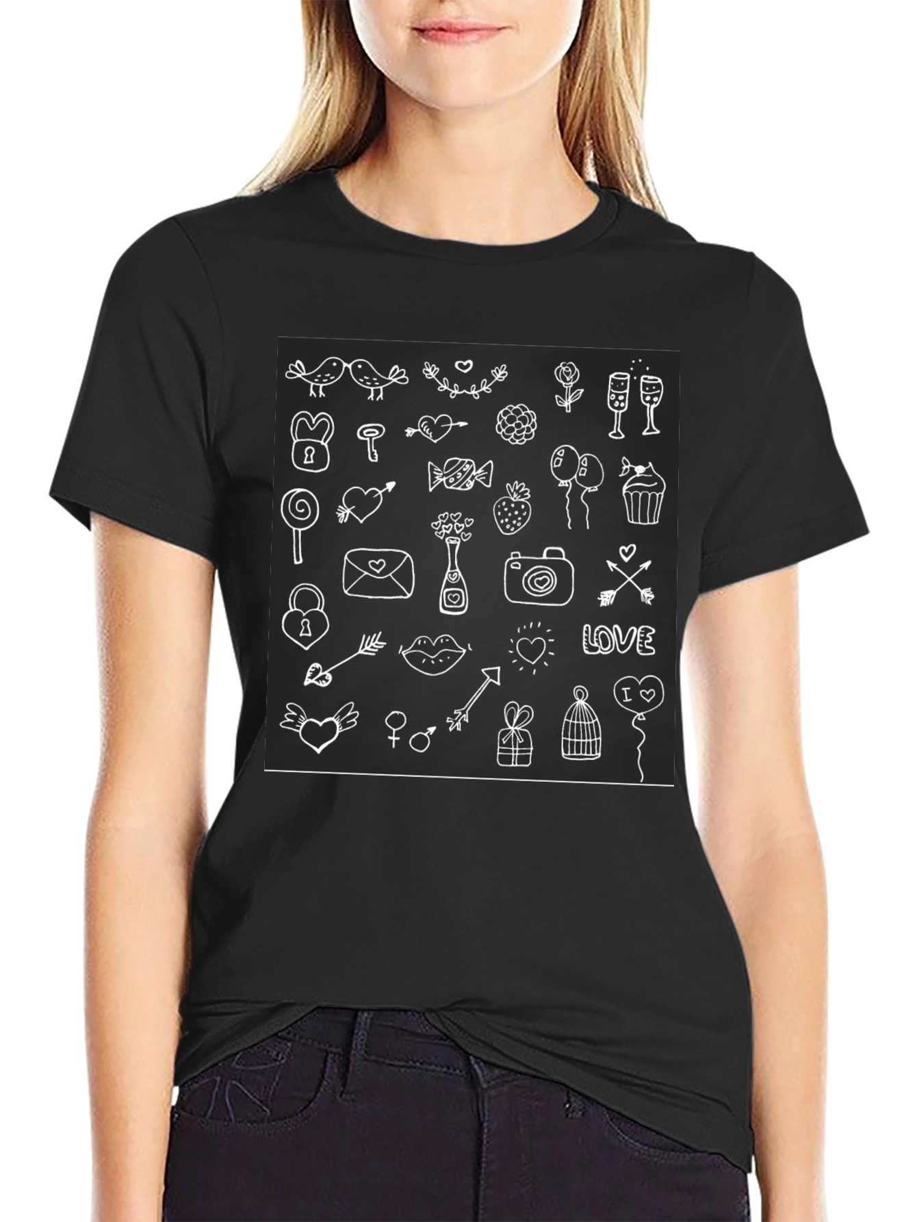 Whimsical Love Doodle Black T-Shirt