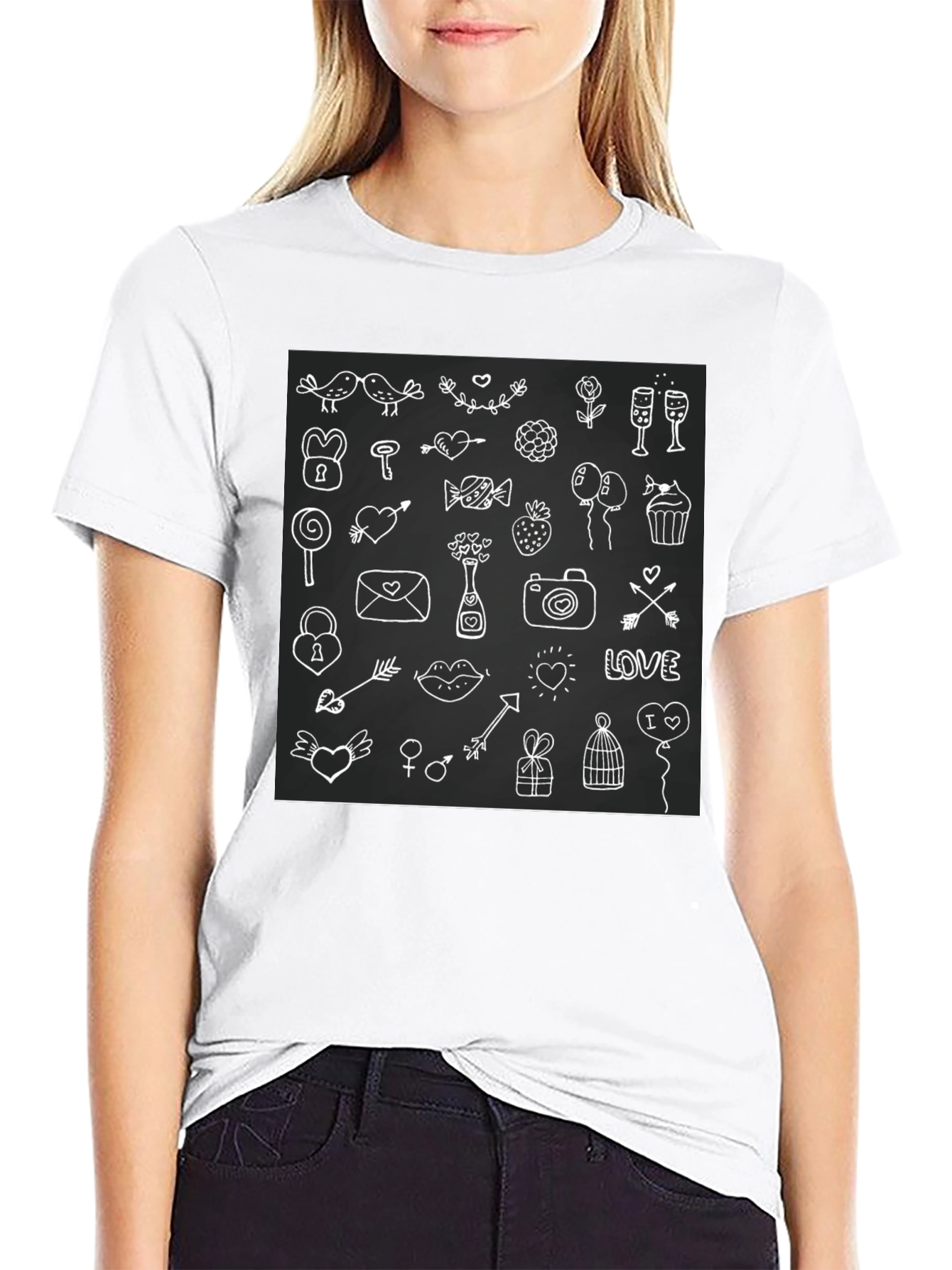 Whimsical Love Doodle Black T-Shirt