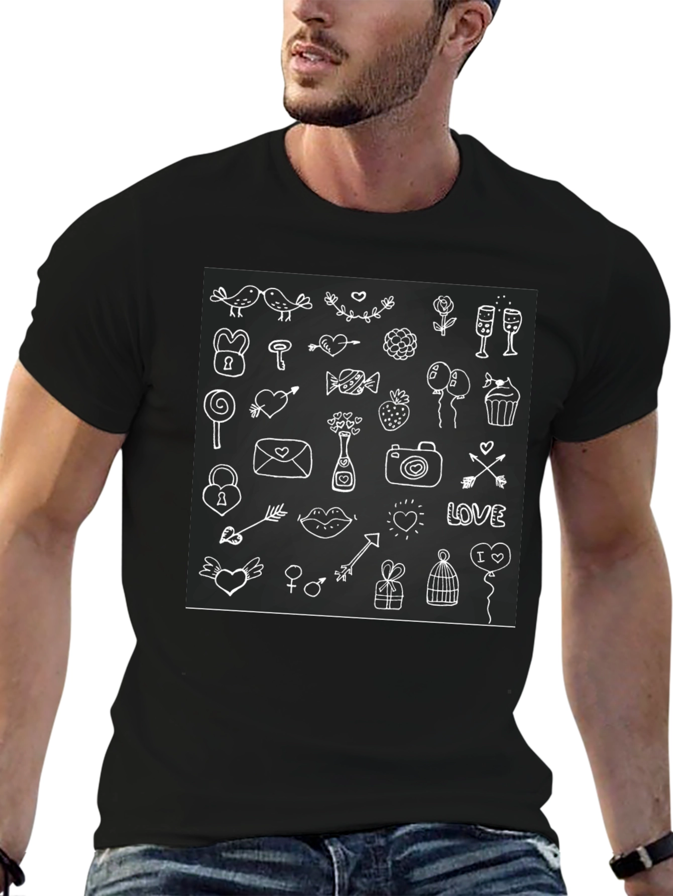 Whimsical Love Doodle Black T-Shirt