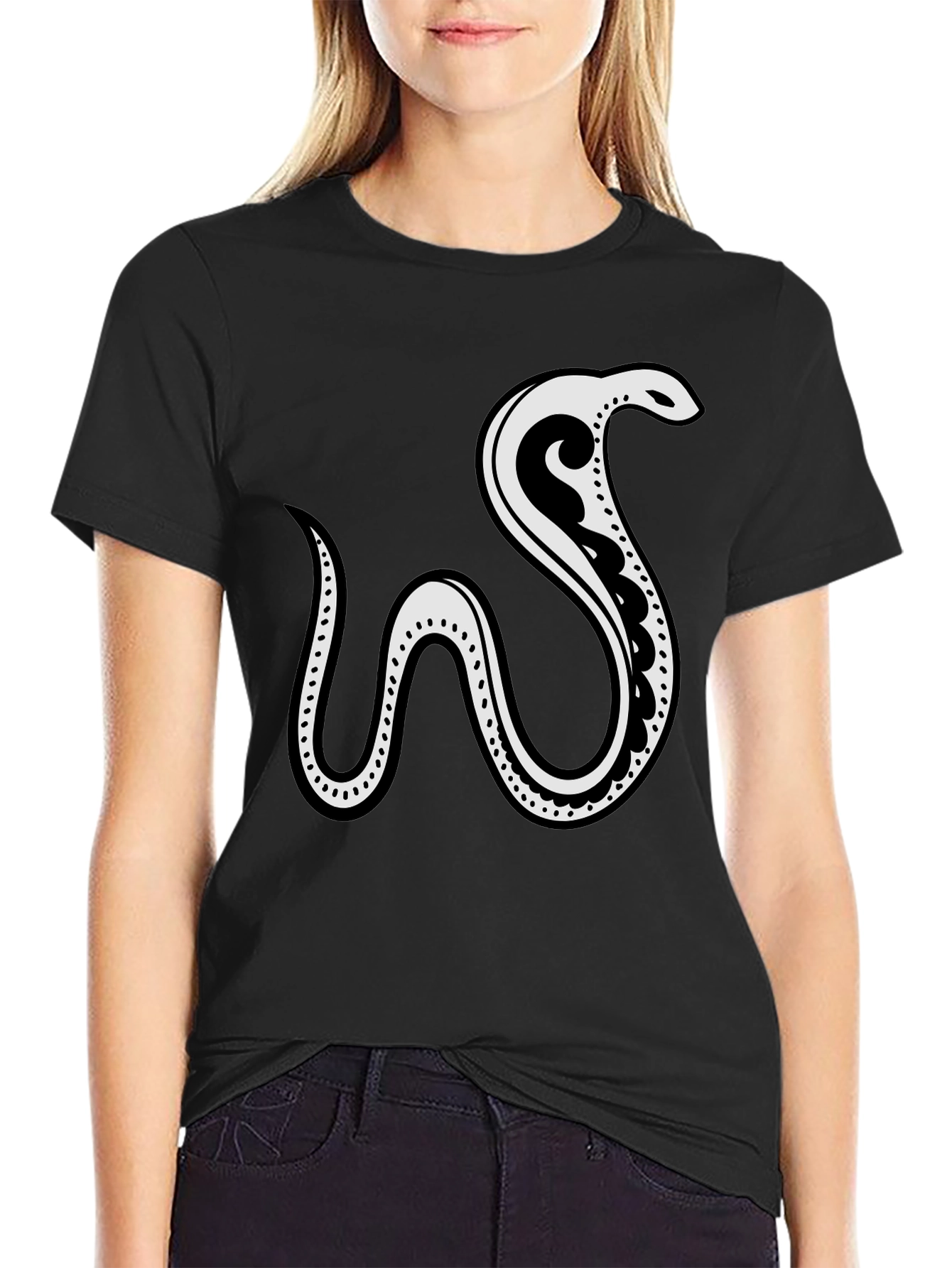 Black Tee with Abstract Snake Graphic