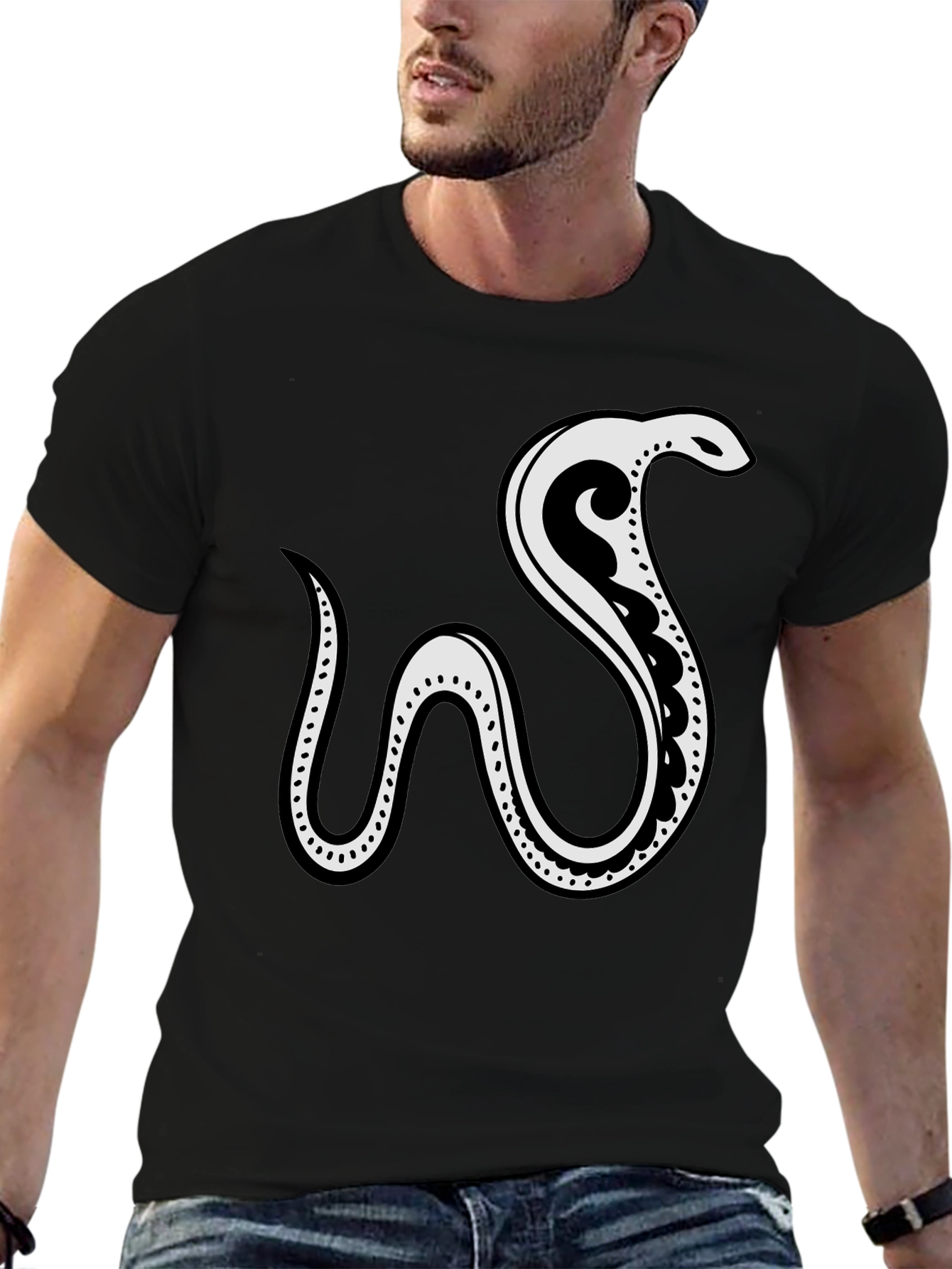 Black Tee with Abstract Snake Graphic