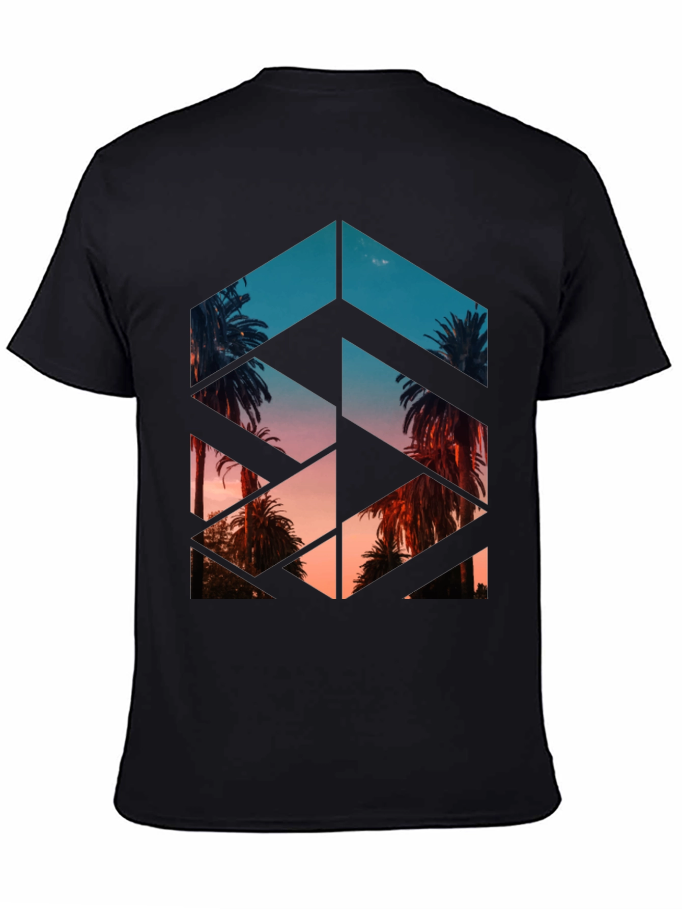 Geometric Palm Tree Print Black T-Shirt