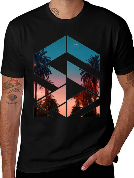 Geometric Palm Tree Print Black T-Shirt