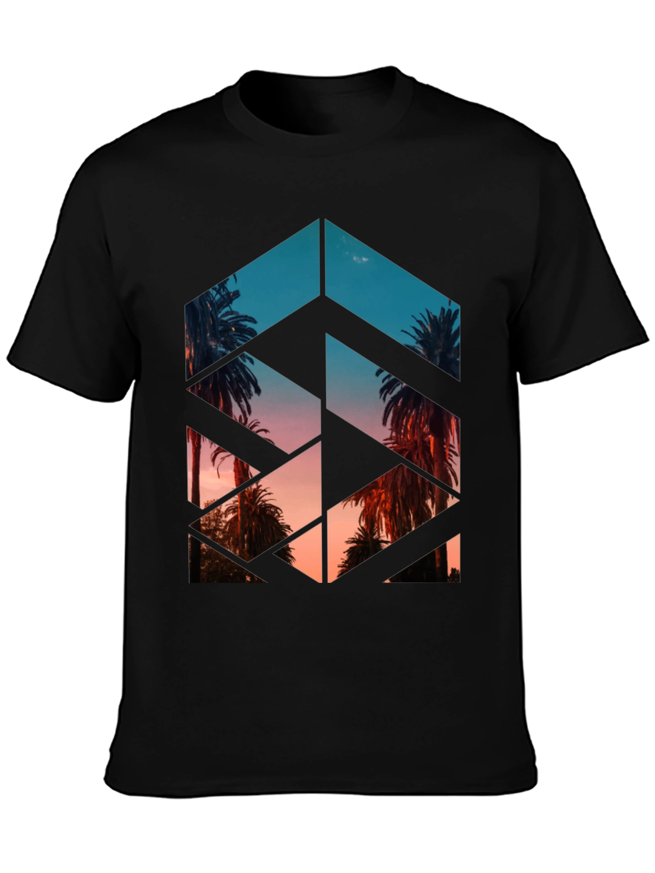 Geometric Palm Tree Print Black T-Shirt
