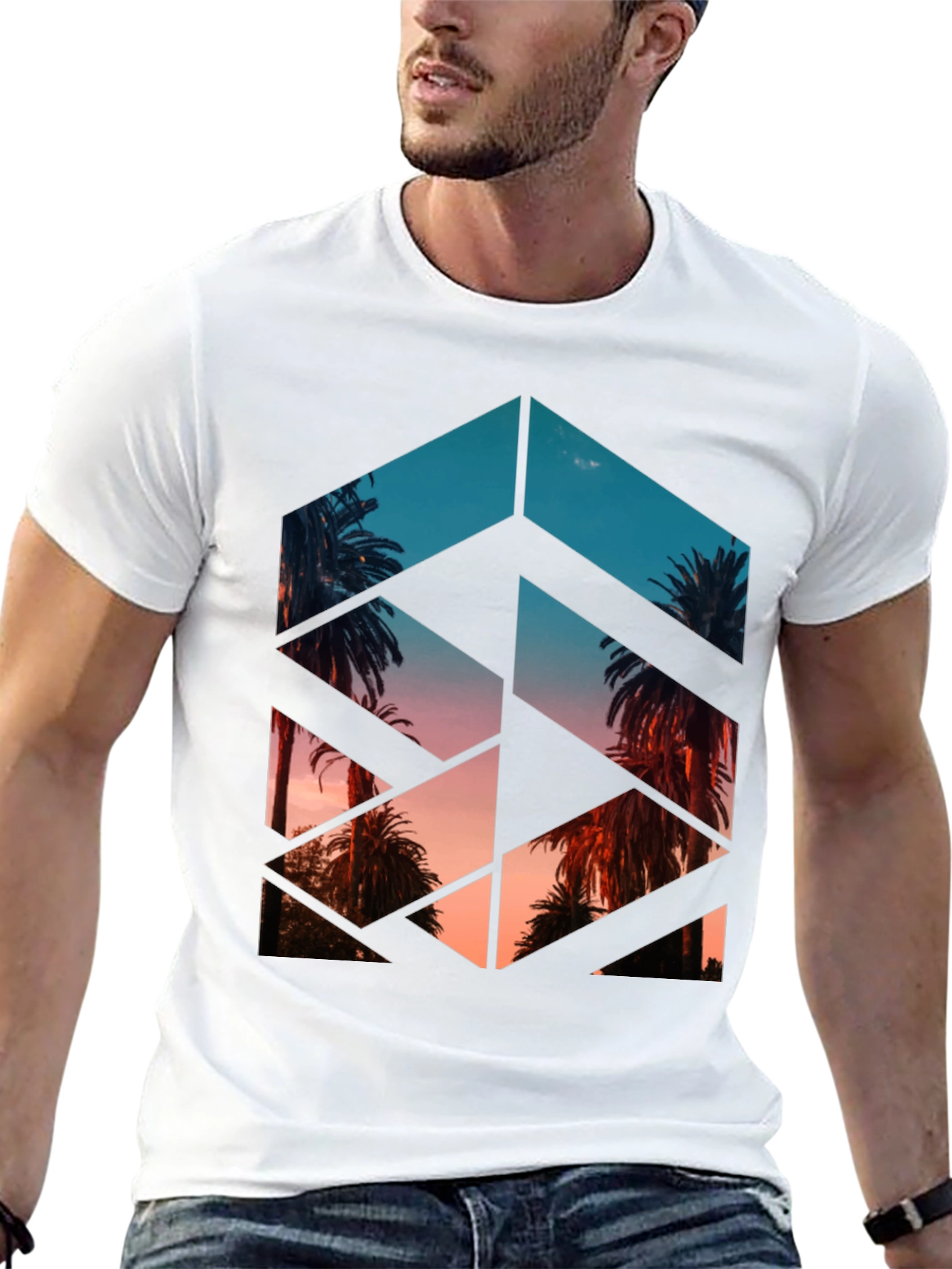 Geometric Palm Tree Print Black T-Shirt