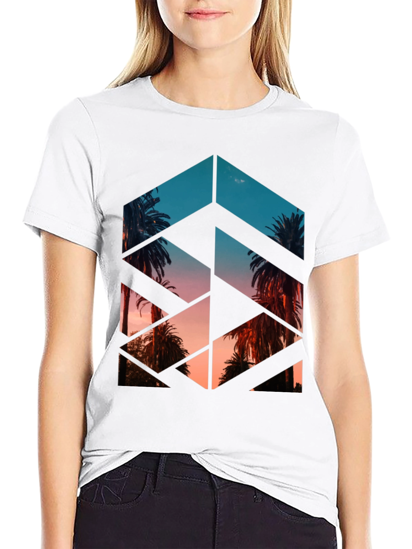 Geometric Palm Tree Print Black T-Shirt