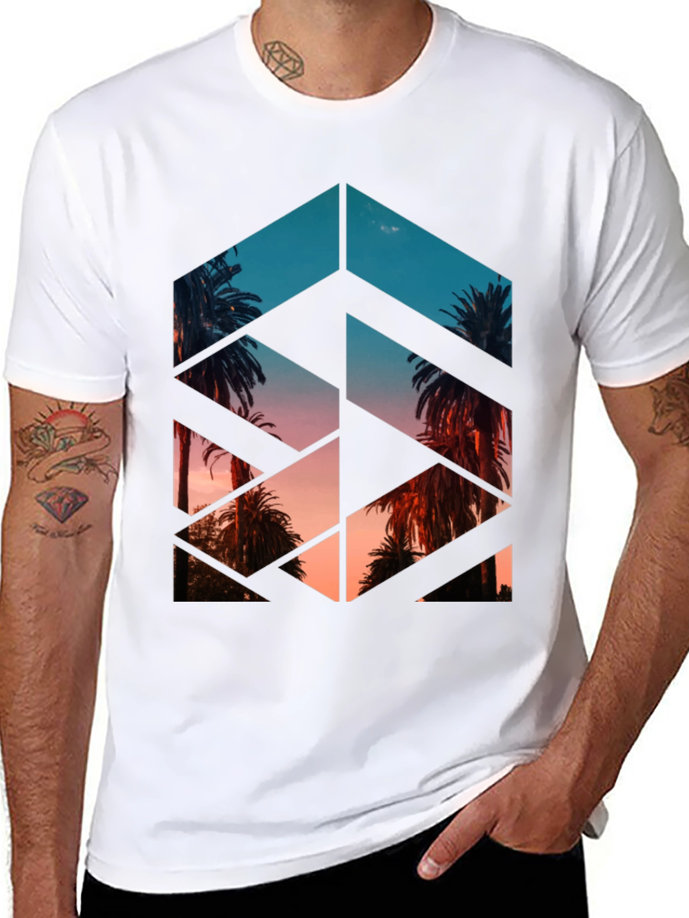 Geometric Palm Tree Print Black T-Shirt
