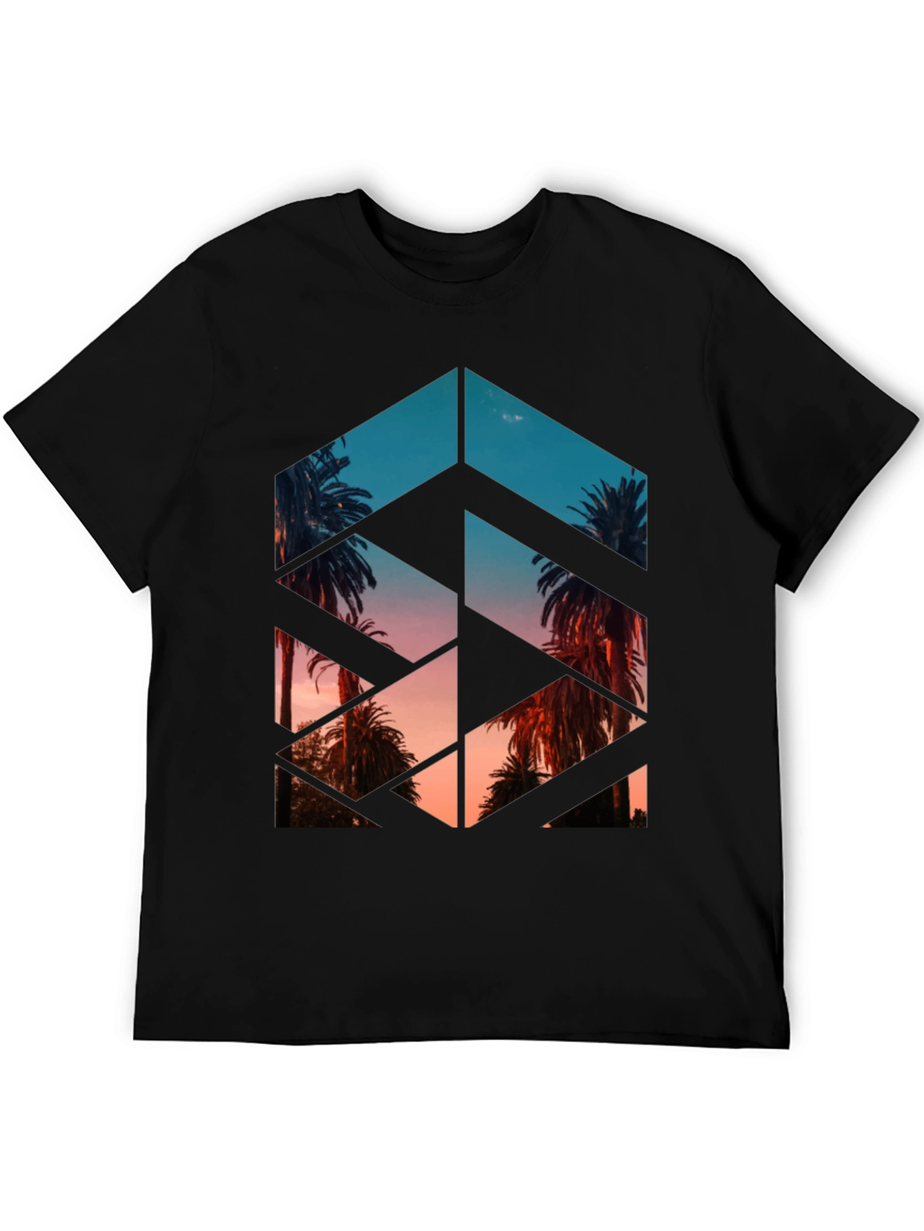 Geometric Palm Tree Print Black T-Shirt