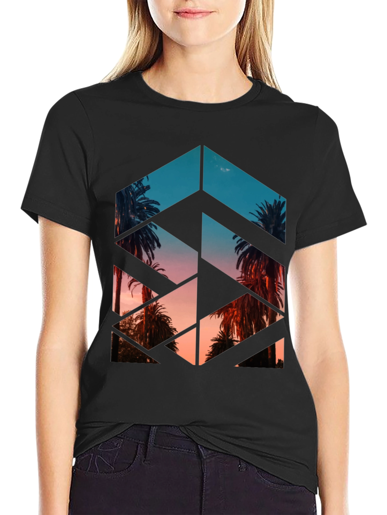 Geometric Palm Tree Print Black T-Shirt