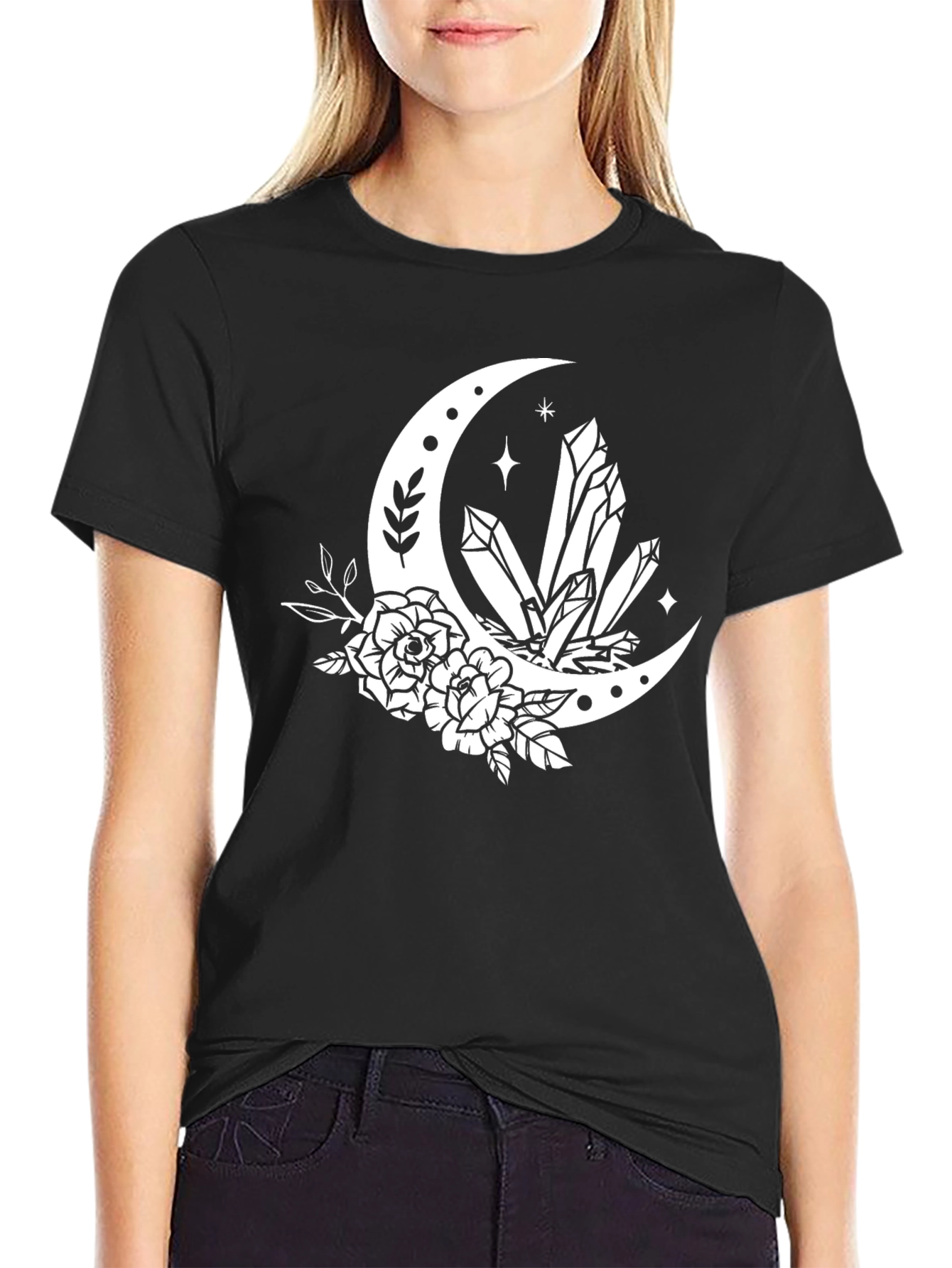 Crescent Moon Crystal Floral T-Shirt