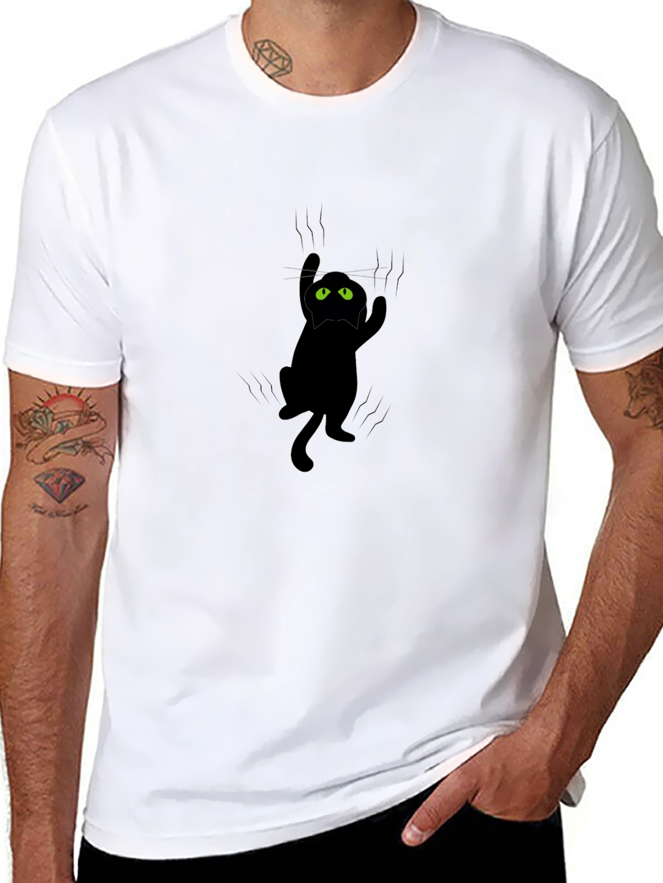 Clingy Cat Graphic Tee - Black Cotton T-Shirt