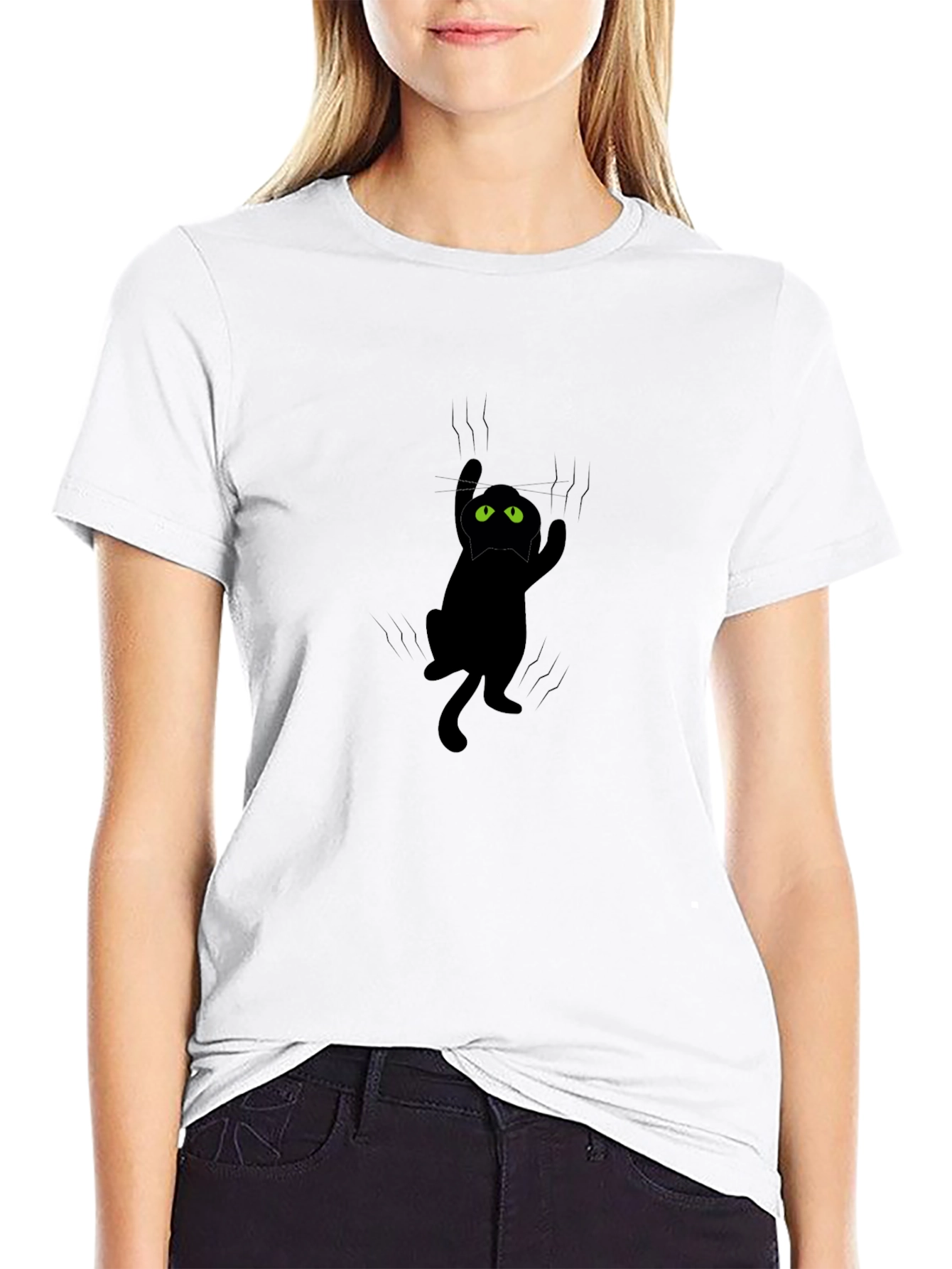 Clingy Cat Graphic Tee - Black Cotton T-Shirt