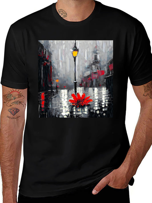 Rainy Day Flower Graphic Tee - Black Casual Shirt