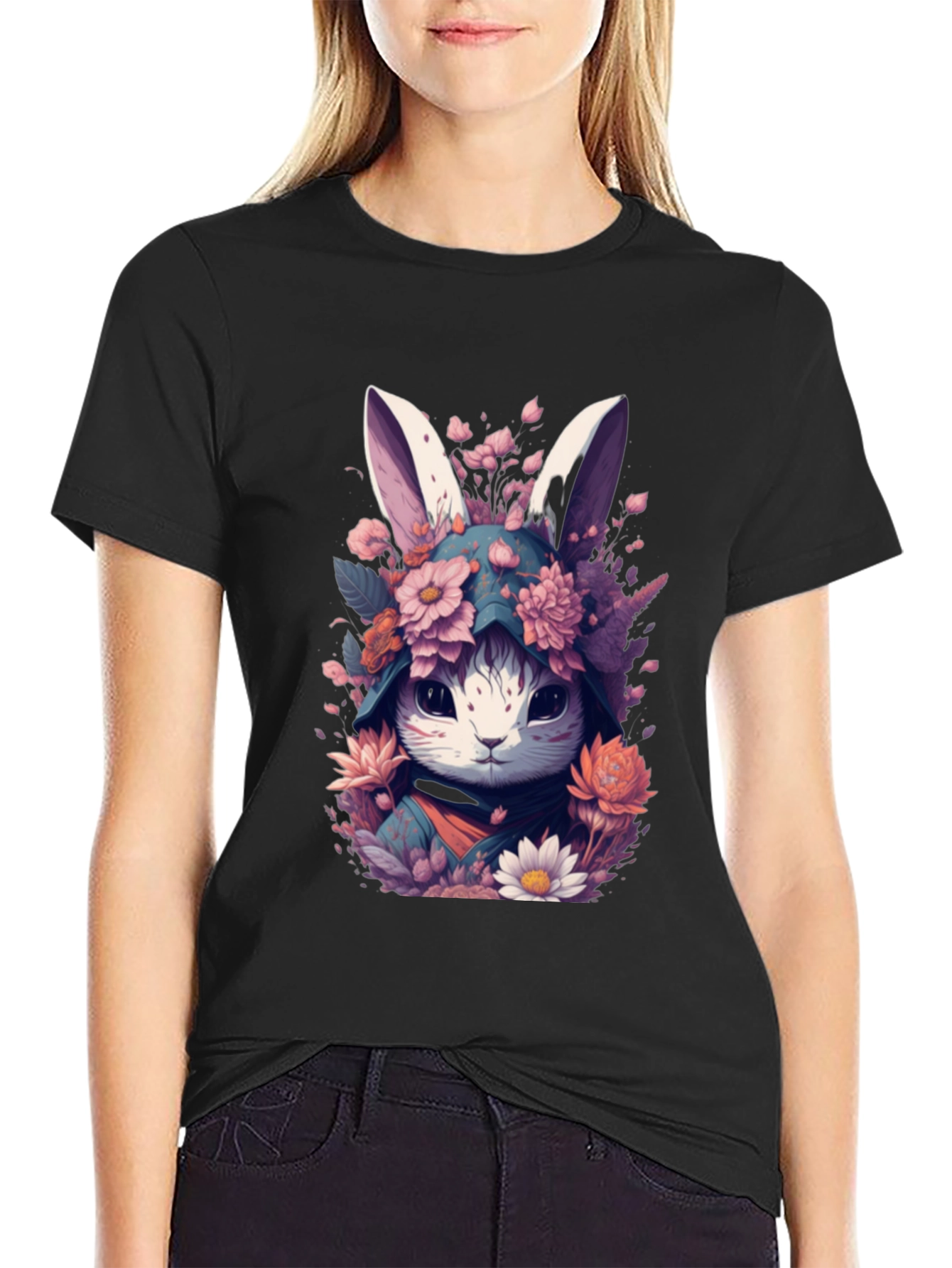 Floral Bunny Graphic Tee - Black
