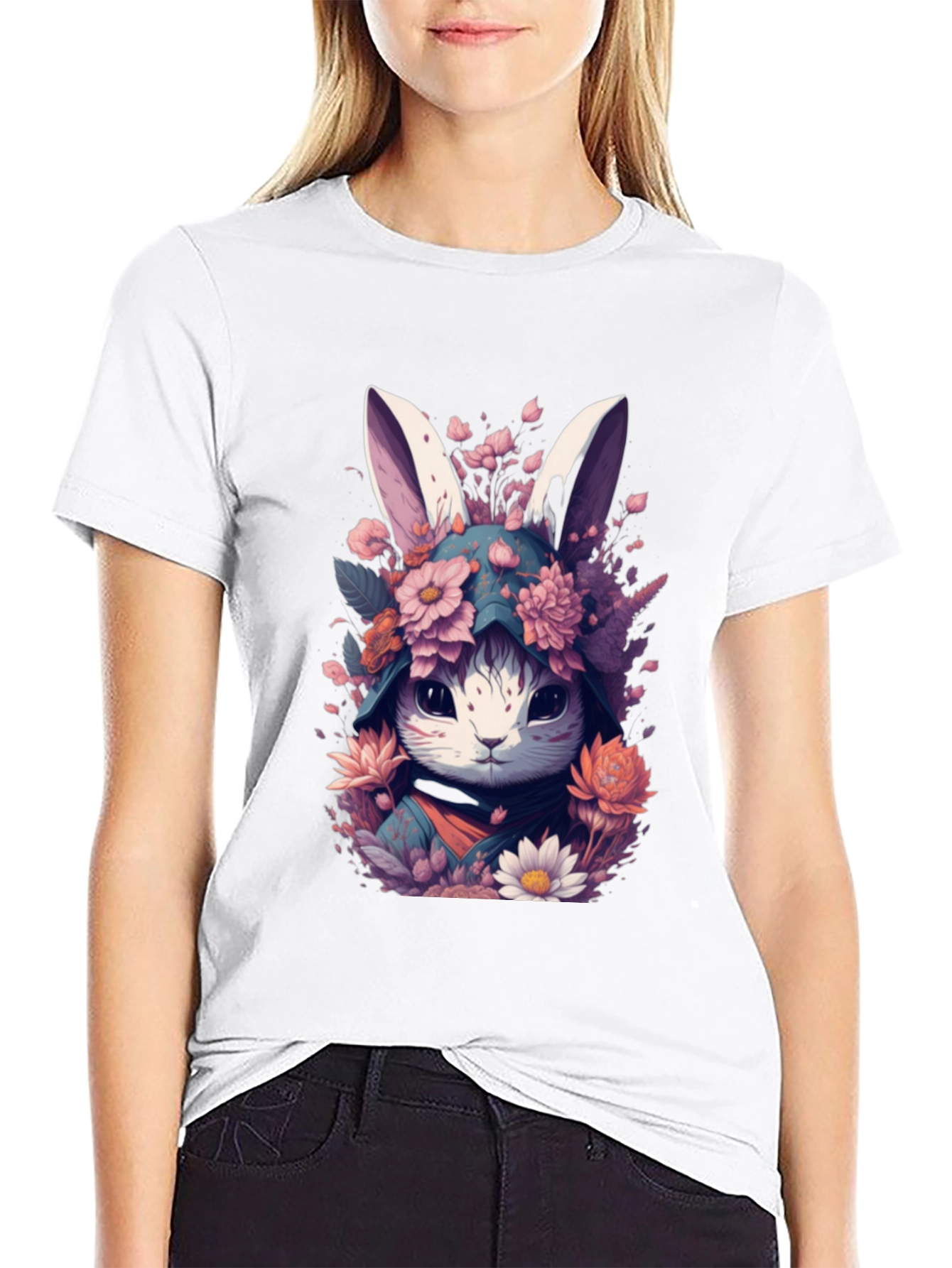Floral Bunny Graphic Tee - Black