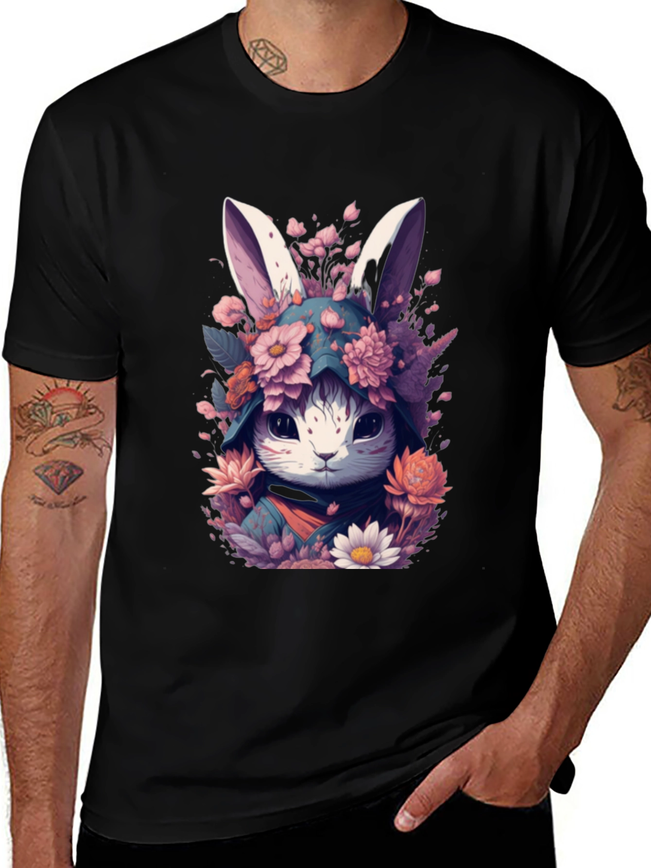 Floral Bunny Graphic Tee - Black