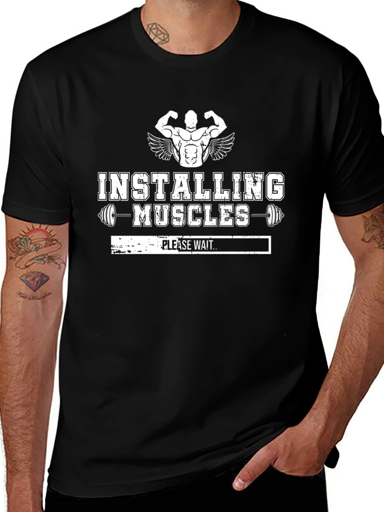 Installing Muscles Mens Black Graphic T-Shirt