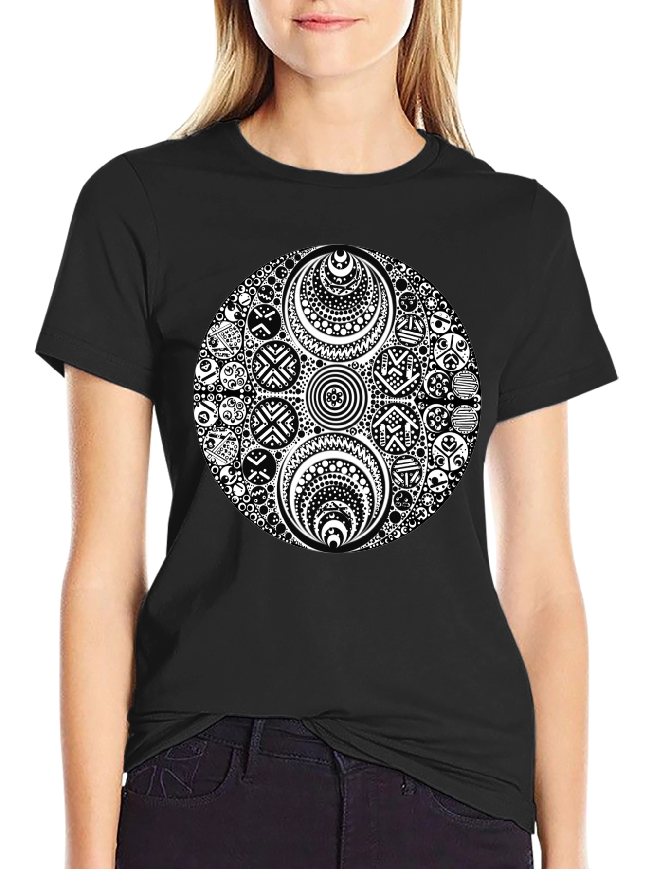 Black T-Shirt with Ornate White Circle Design