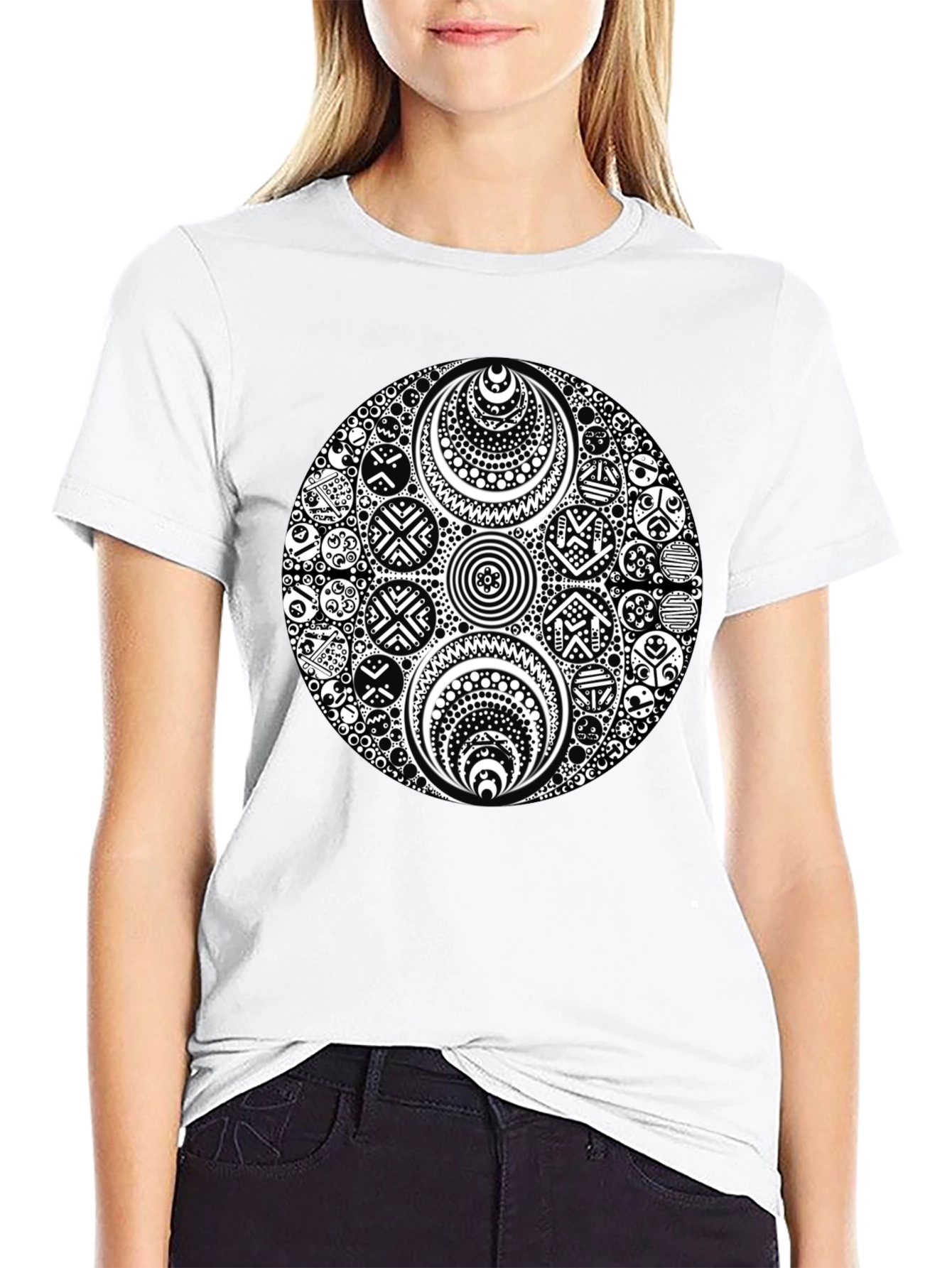 Black T-Shirt with Ornate White Circle Design