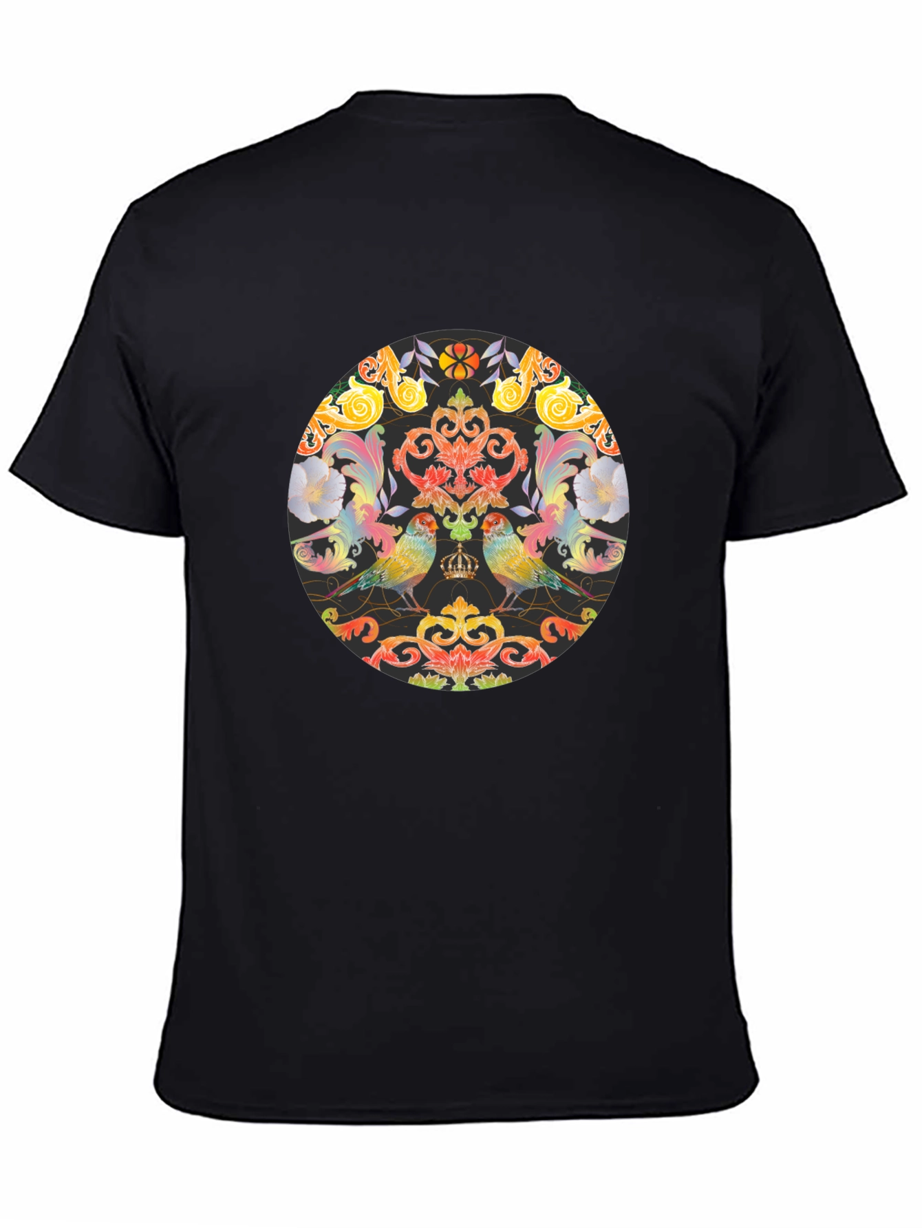 Ornate Bird & Floral Graphic Black T-Shirt