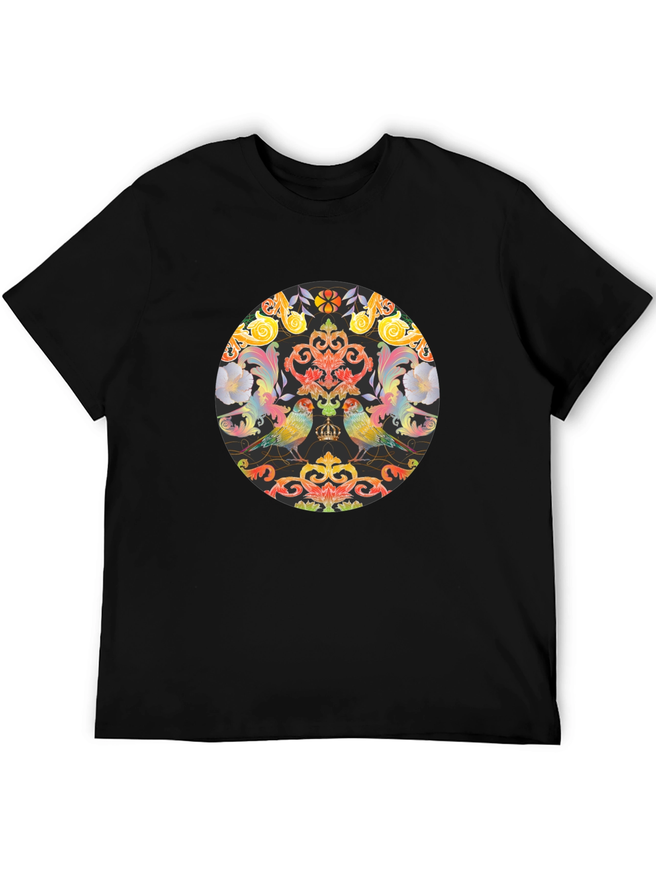 Ornate Bird & Floral Graphic Black T-Shirt