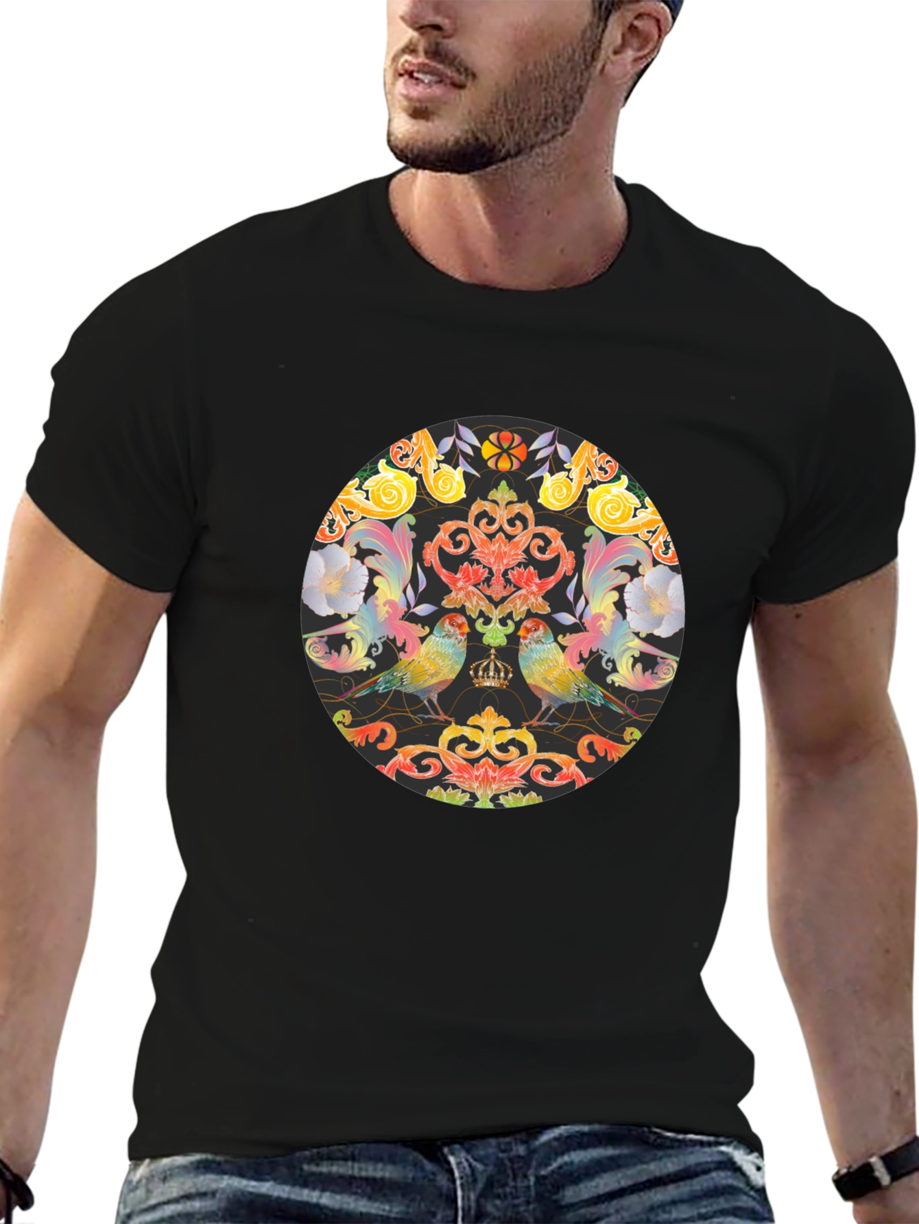 Ornate Bird & Floral Graphic Black T-Shirt