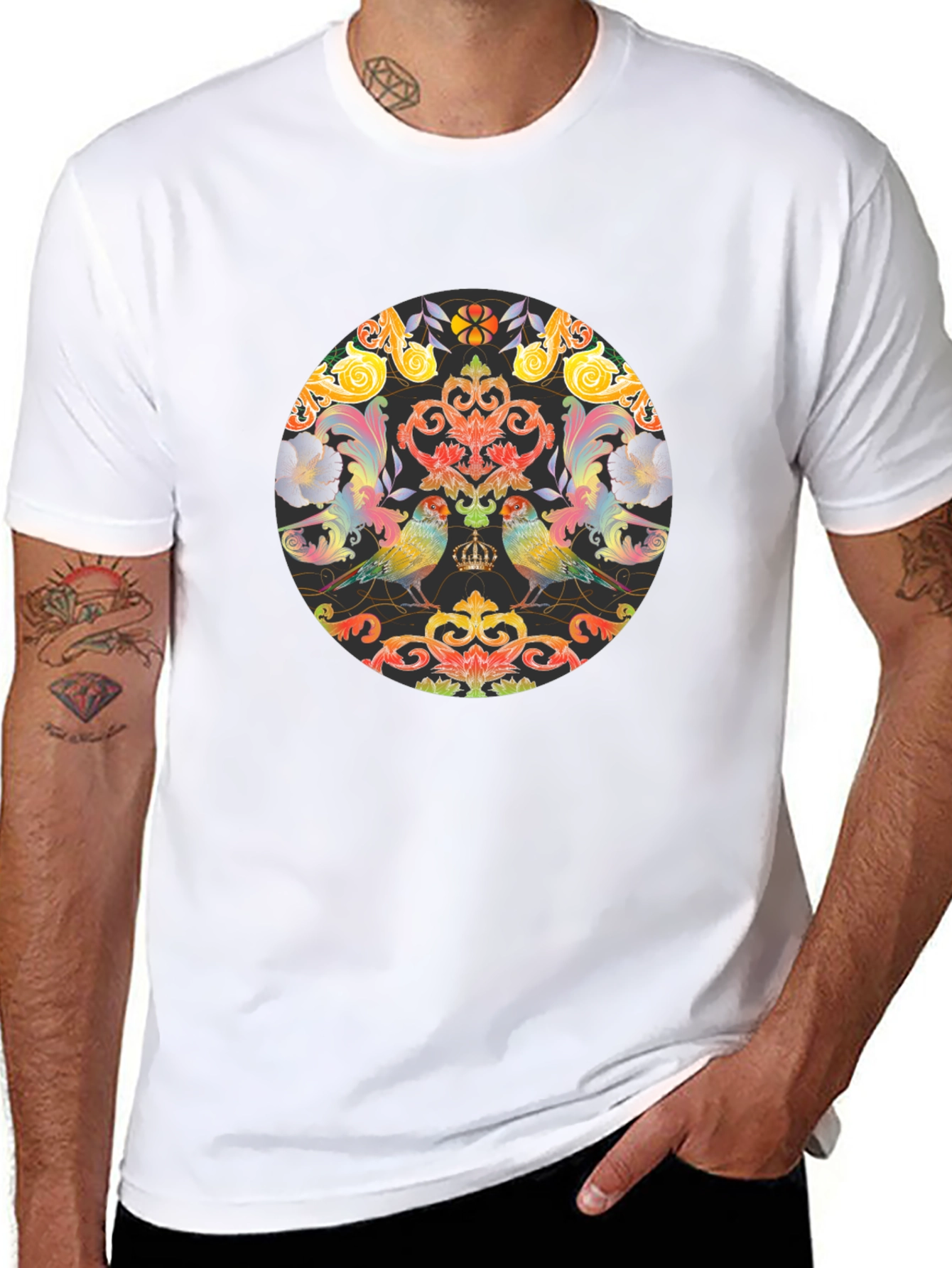 Ornate Bird & Floral Graphic Black T-Shirt