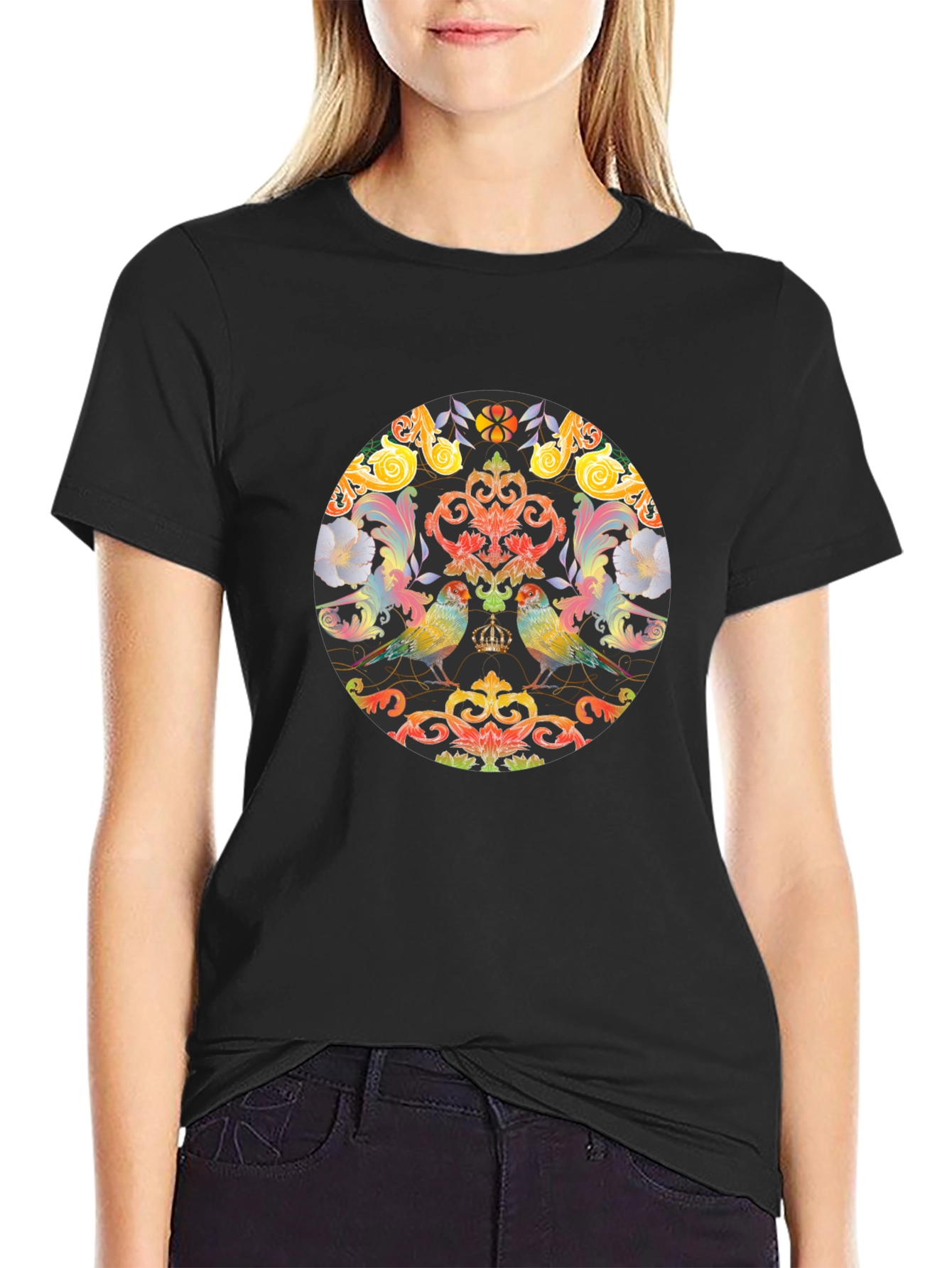 Ornate Bird & Floral Graphic Black T-Shirt