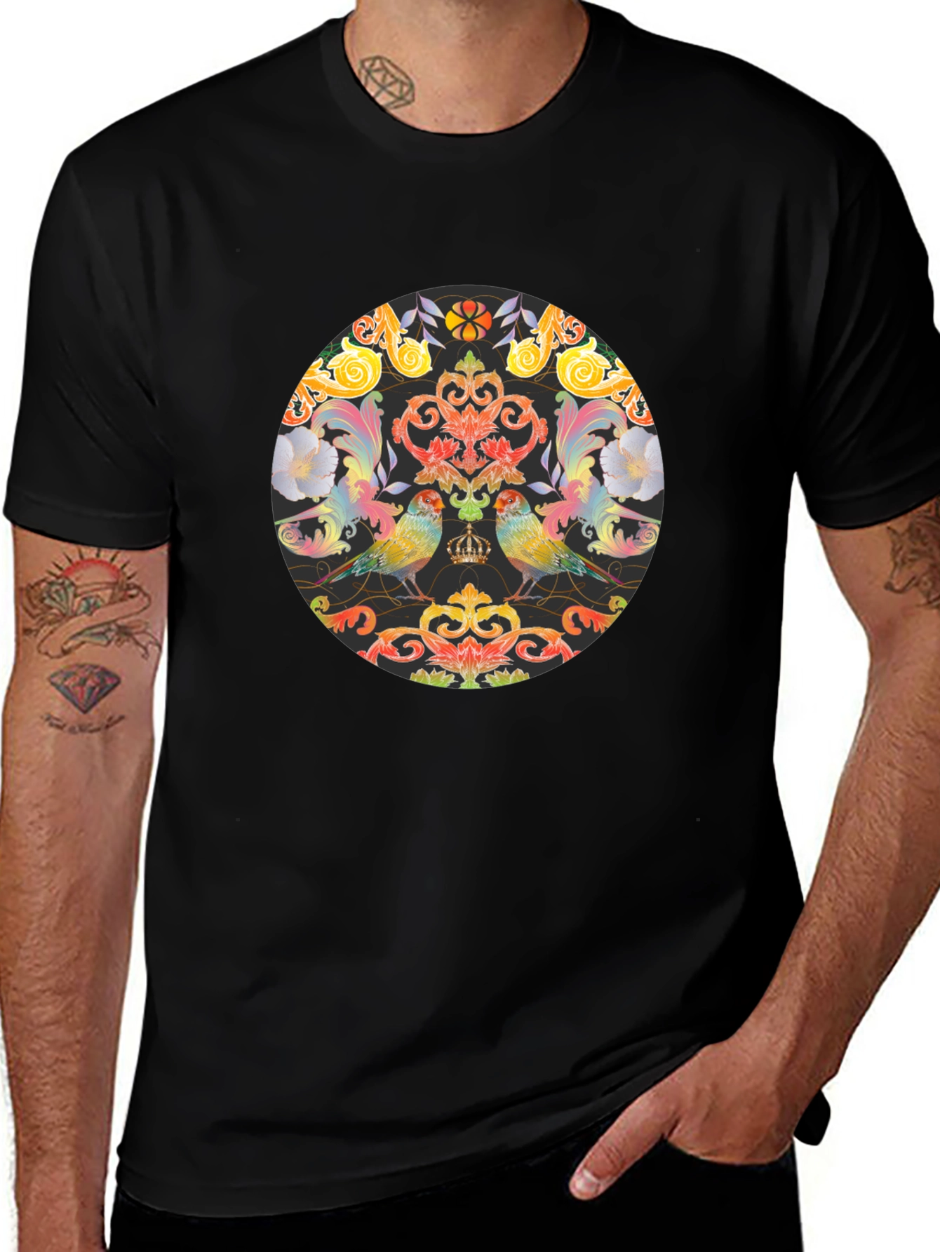 Ornate Bird & Floral Graphic Black T-Shirt