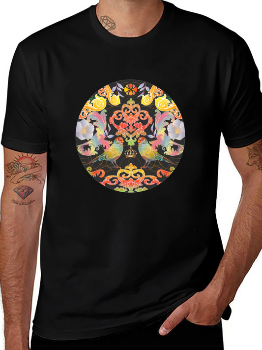 Ornate Bird & Floral Graphic Black T-Shirt