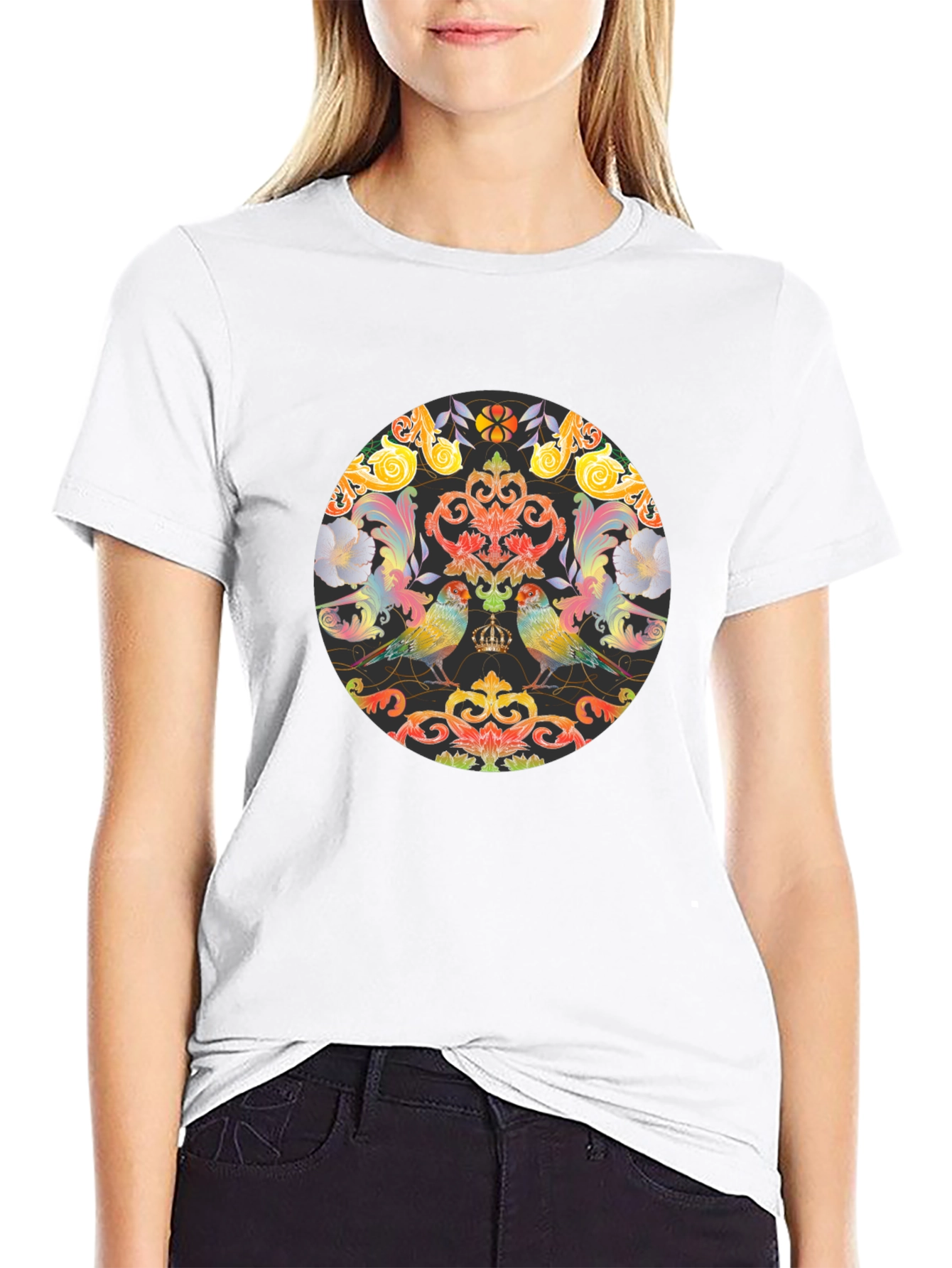 Ornate Bird & Floral Graphic Black T-Shirt