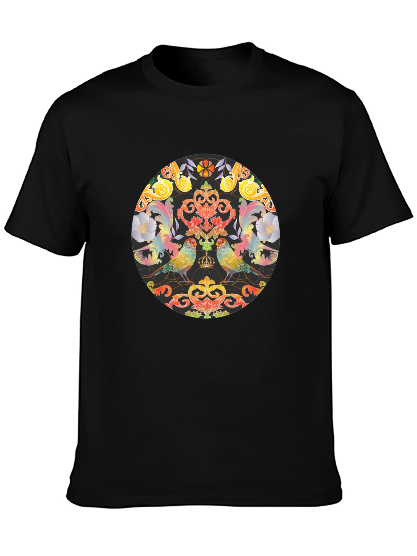 Ornate Bird & Floral Graphic Black T-Shirt