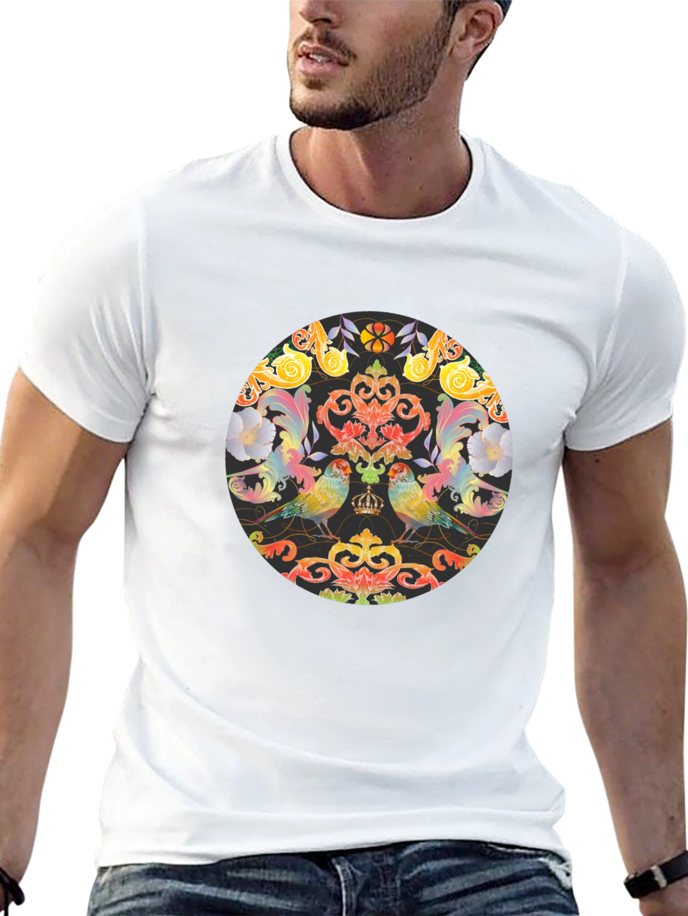 Ornate Bird & Floral Graphic Black T-Shirt